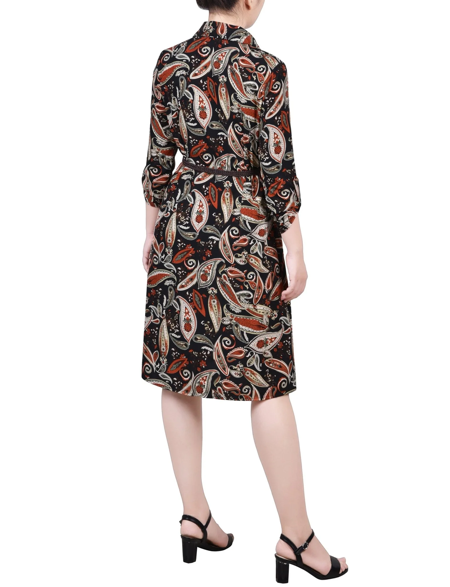 Black Paisley 3/4 Roll Tab Sleeve Shirtdress - Petite - Image 3