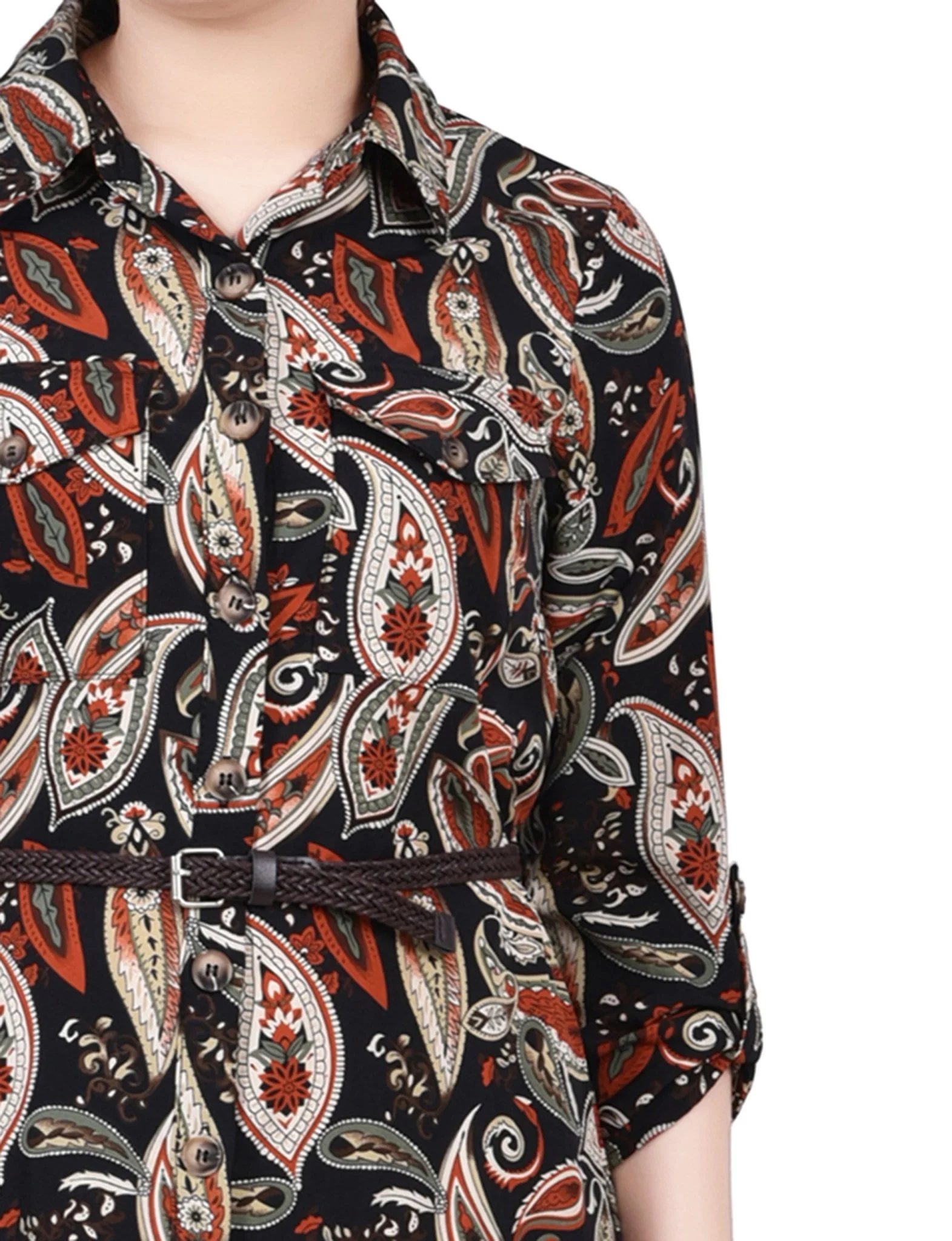 Black Paisley 3/4 Roll Tab Sleeve Shirtdress - Petite - Image 4