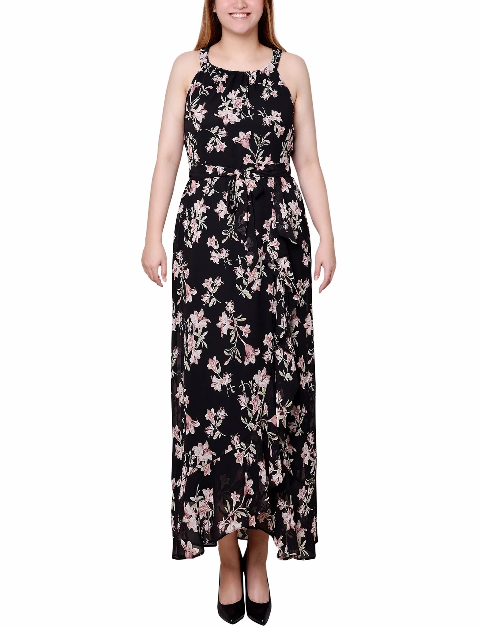 Black Pink Halter Front Chiffon Maxi Dress - Petite