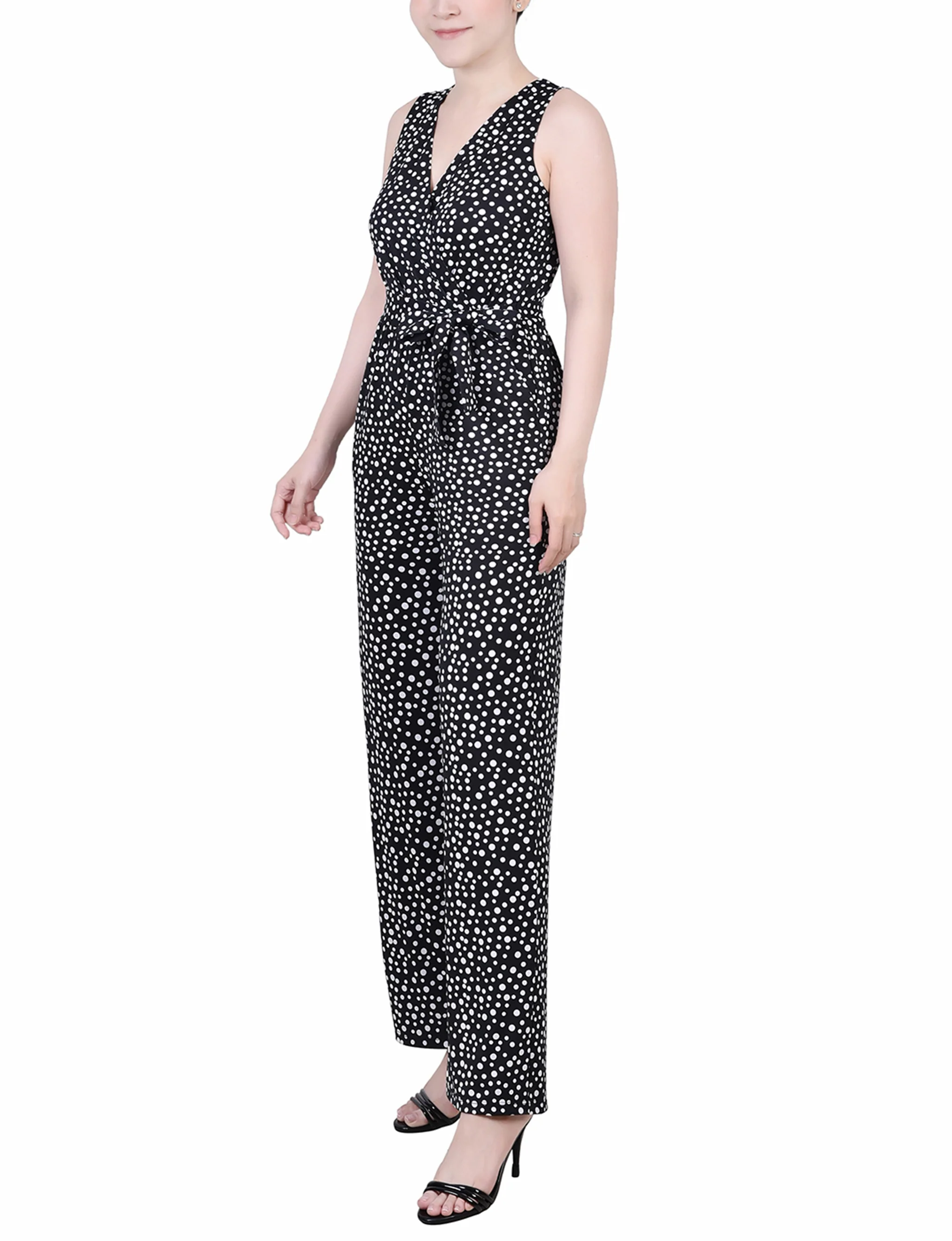 Black Polka Dot Sleeveless Belted Jumpsuit - Petite - Image 2