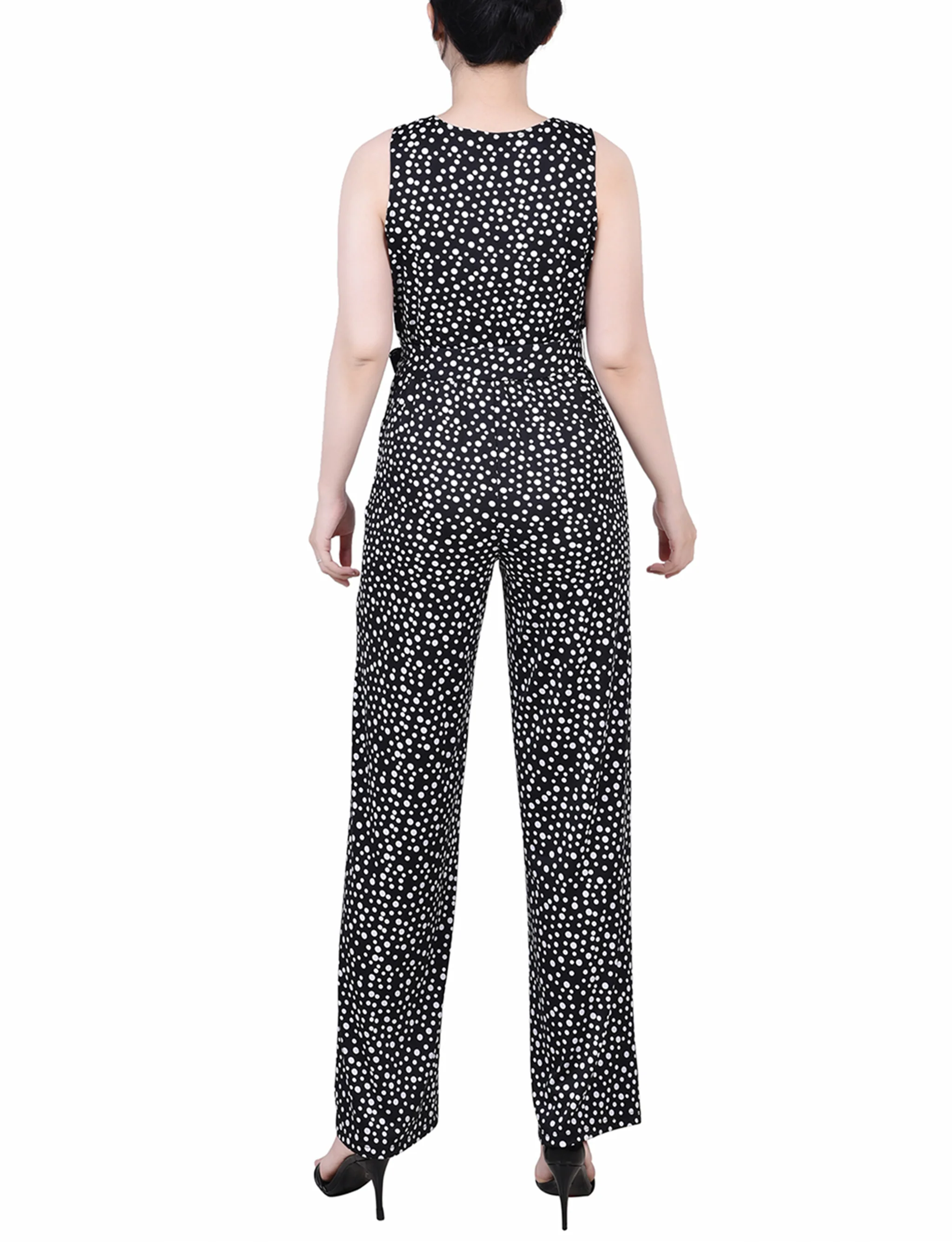 Black Polka Dot Sleeveless Belted Jumpsuit - Petite - Image 4
