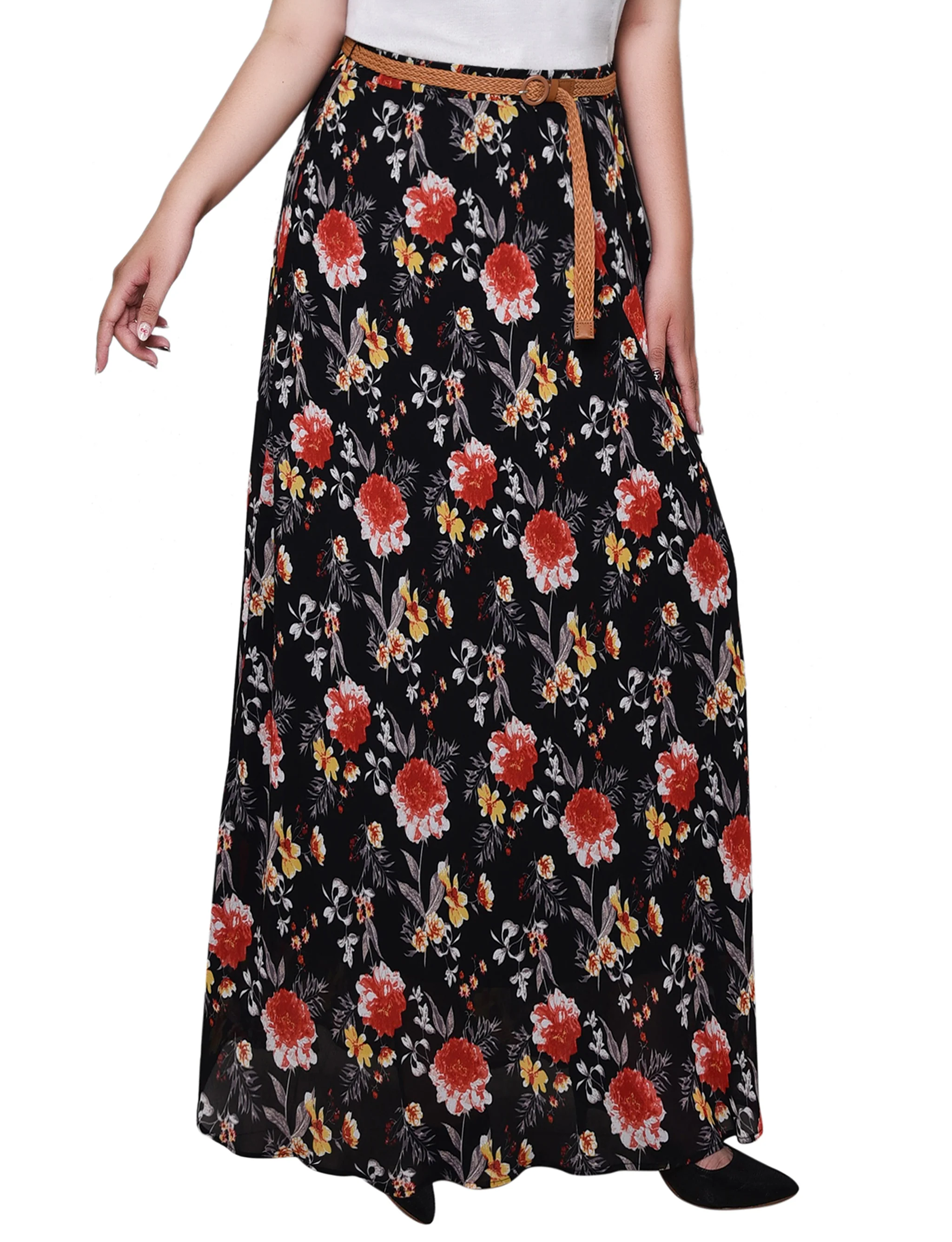 Black Red Gold Floral Chiffon Maxi Skirt - Plus
