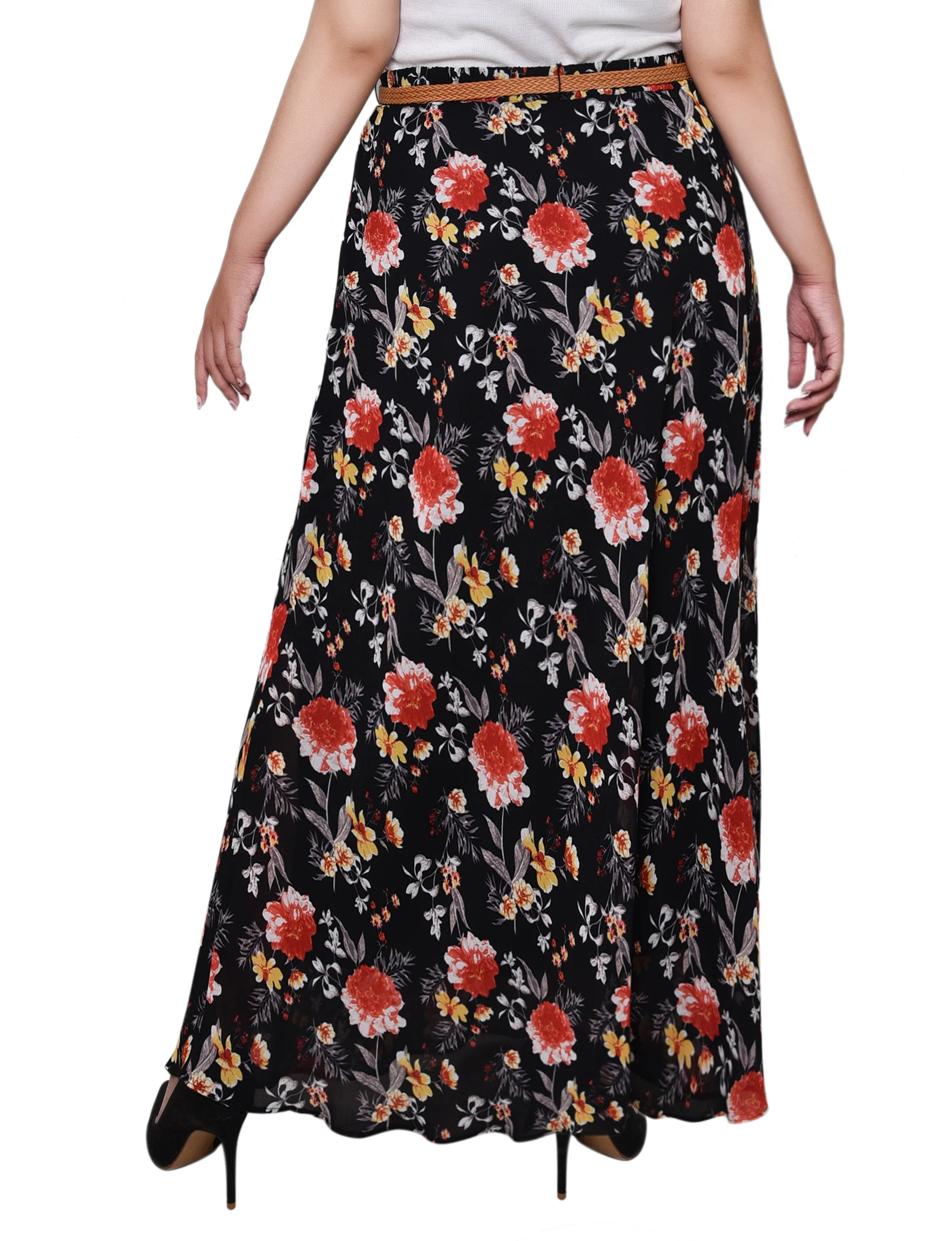 Black Red Gold Floral Chiffon Maxi Skirt - Plus - Image 4