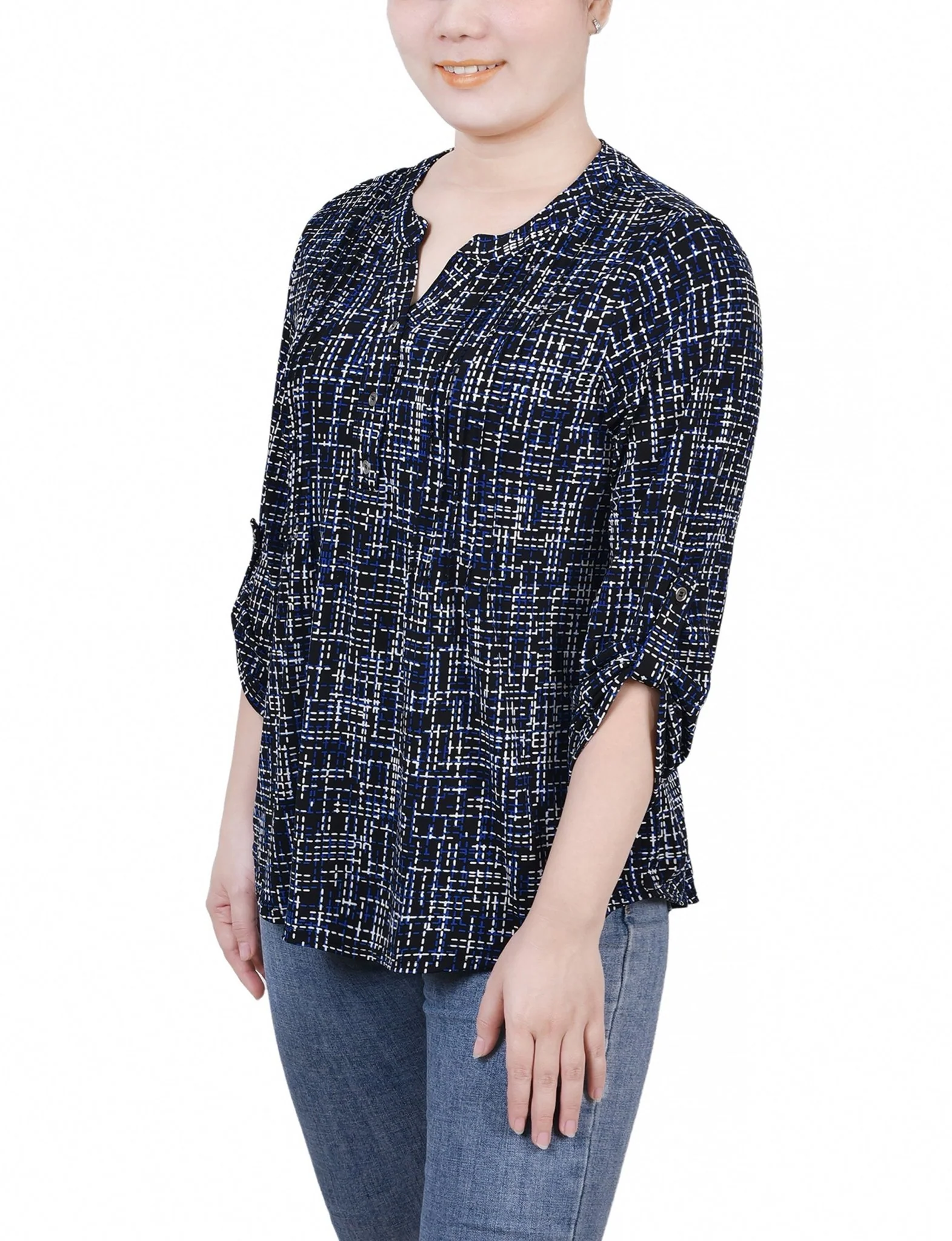 Black Royal Abstract Line 3/4 Roll Tab Sleeve Y Neck Top - Petite - Image 2