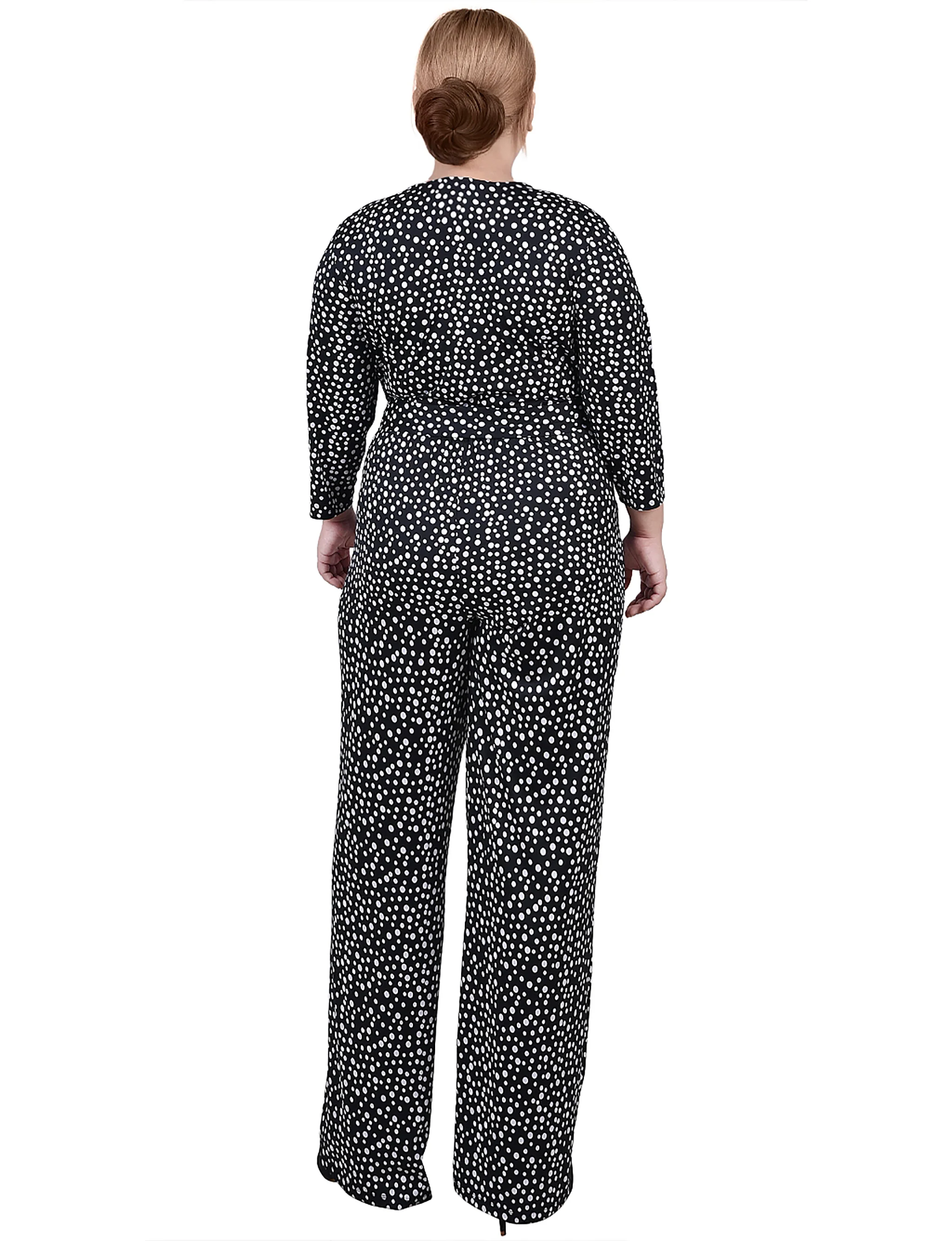 Black Spotted 3/4 Sleeve Belted Jumpsuit - Plus - Image 4
