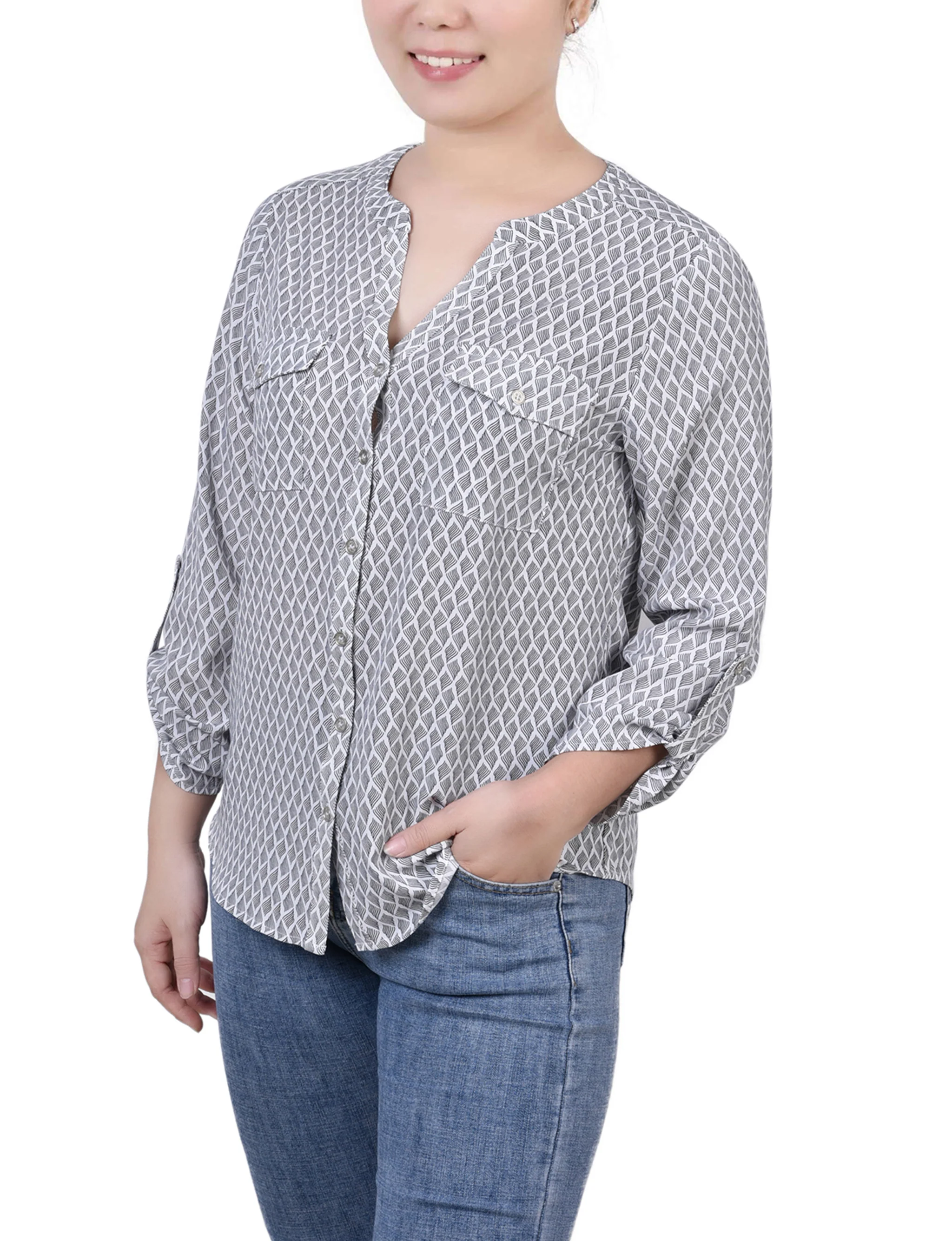 Black White Abstract 3/4 Roll Tab Sleeve Mandarin Collar Blouse - Petite - Image 2
