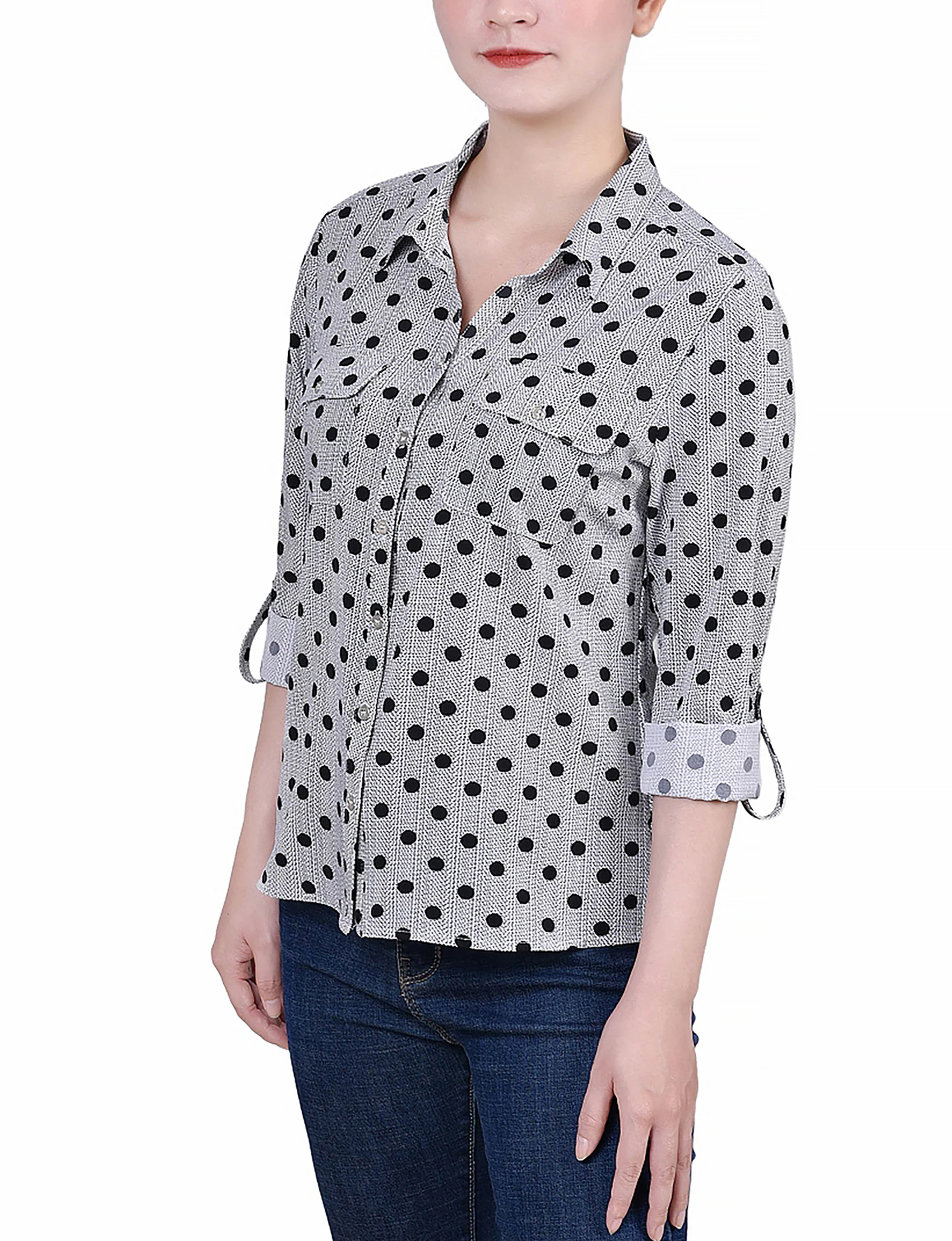 Black White Abstract Dot 3/4 Roll Tab Blouse With Pockets - Petite - Image 2
