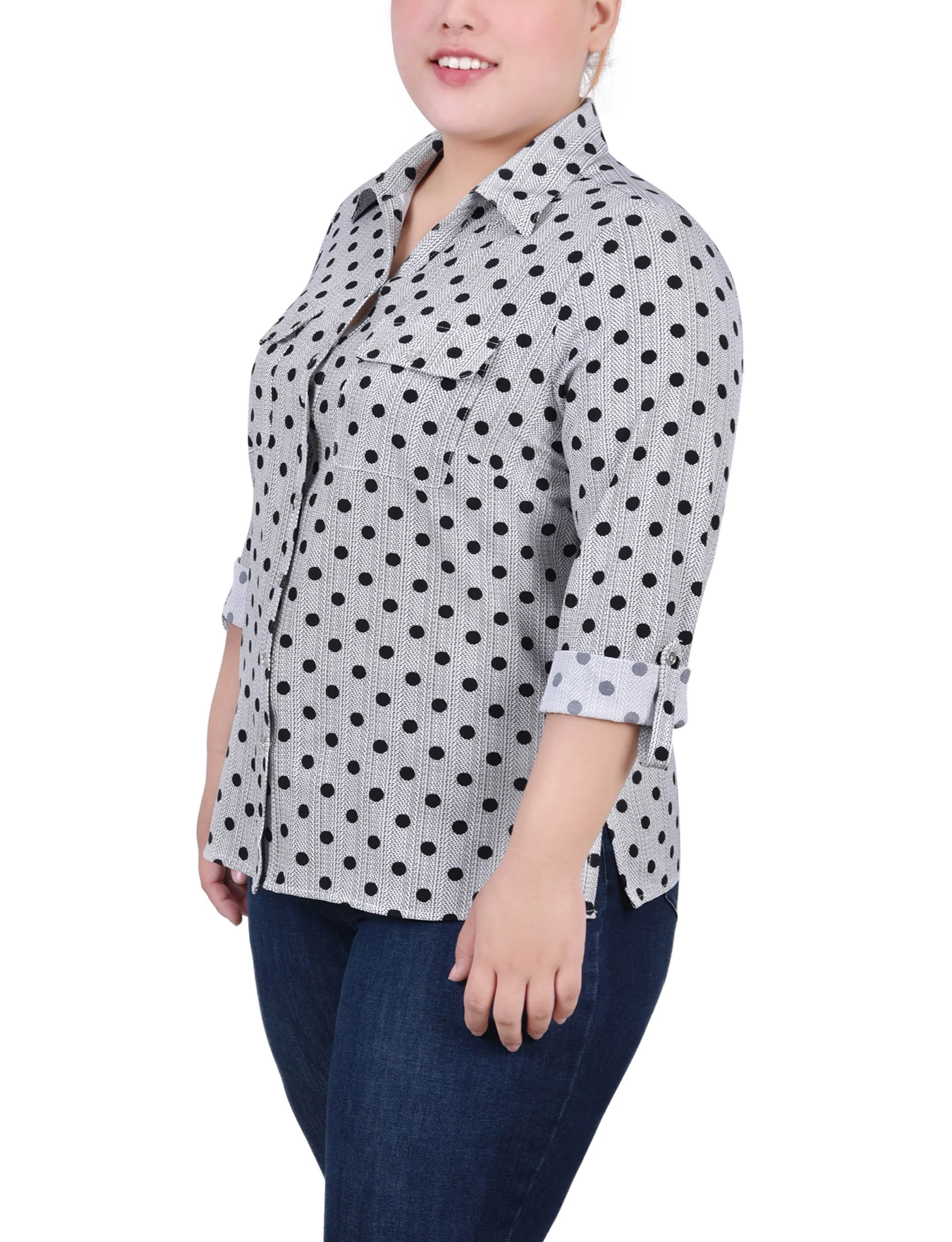 Black White Abstract Dot 3/4 Roll Tab Blouse With Pockets - Plus Size - Image 2