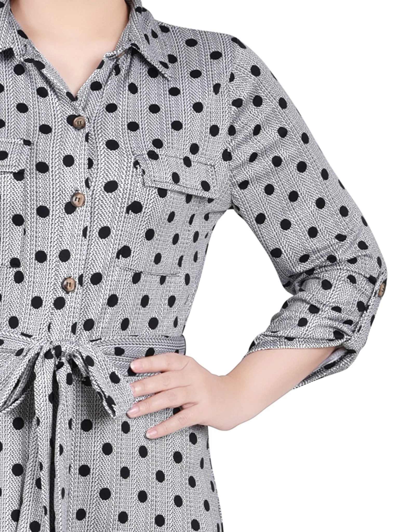 Black White Abstract Dot 3/4 Slv Roll Tab Shirtdress - Petite - Image 4
