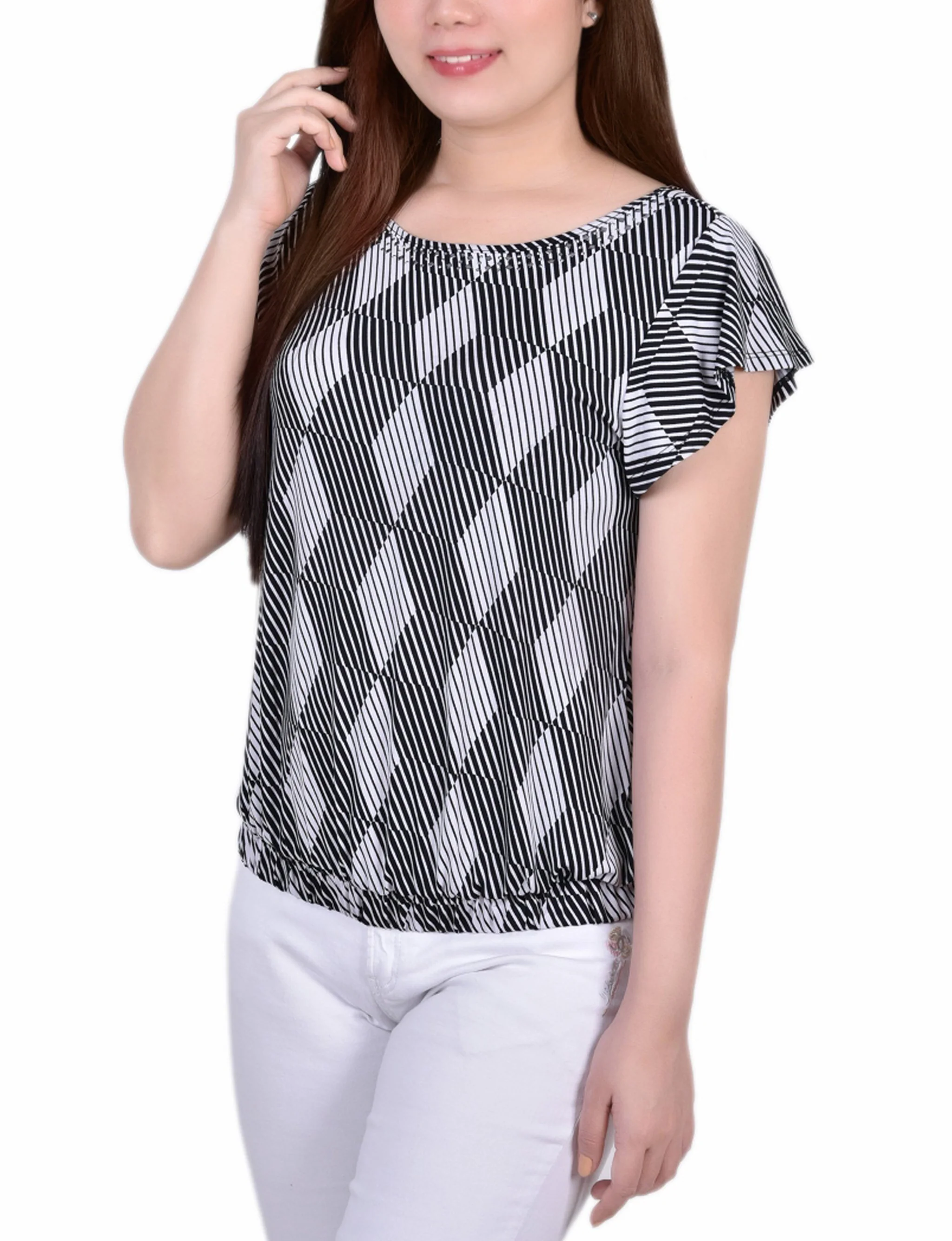 Black White Abstract Flutter Sleeve Top - Image 2