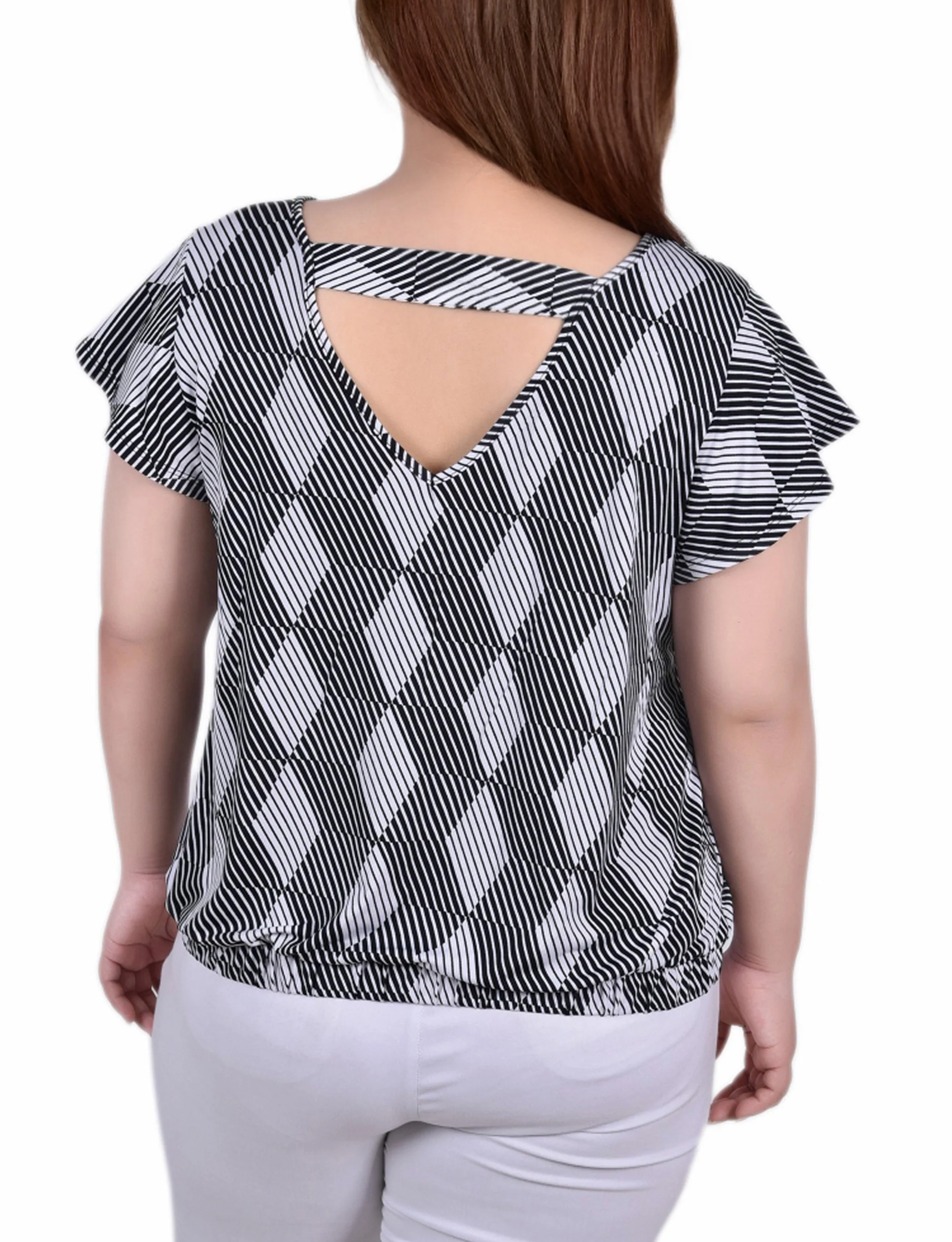 Black White Abstract Flutter Sleeve Top - Plus Size - Image 3