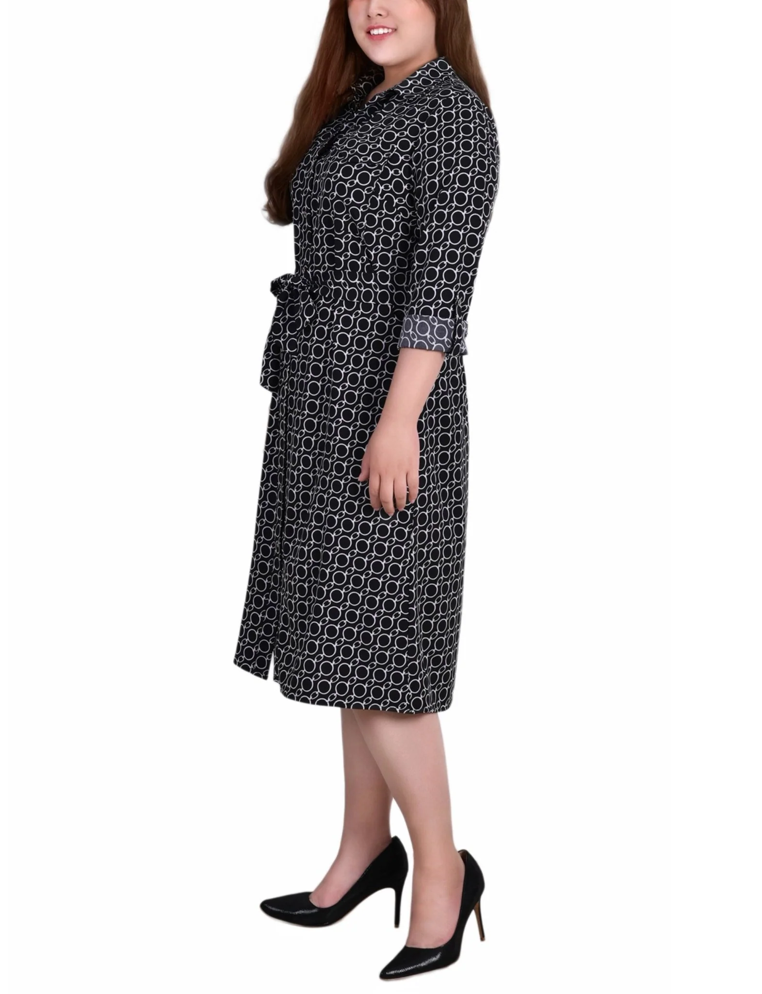 Black White Circle Chain 3/4 Roll Tab Sleeve Belted Shirtdress - Plus - Image 2