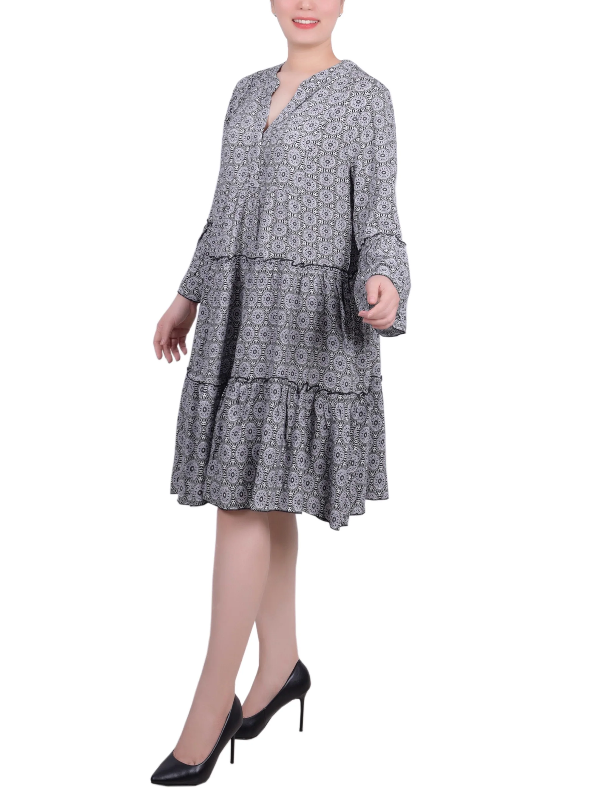 Black White Geo 3/4 Sleeve Tiered Dress - Image 2