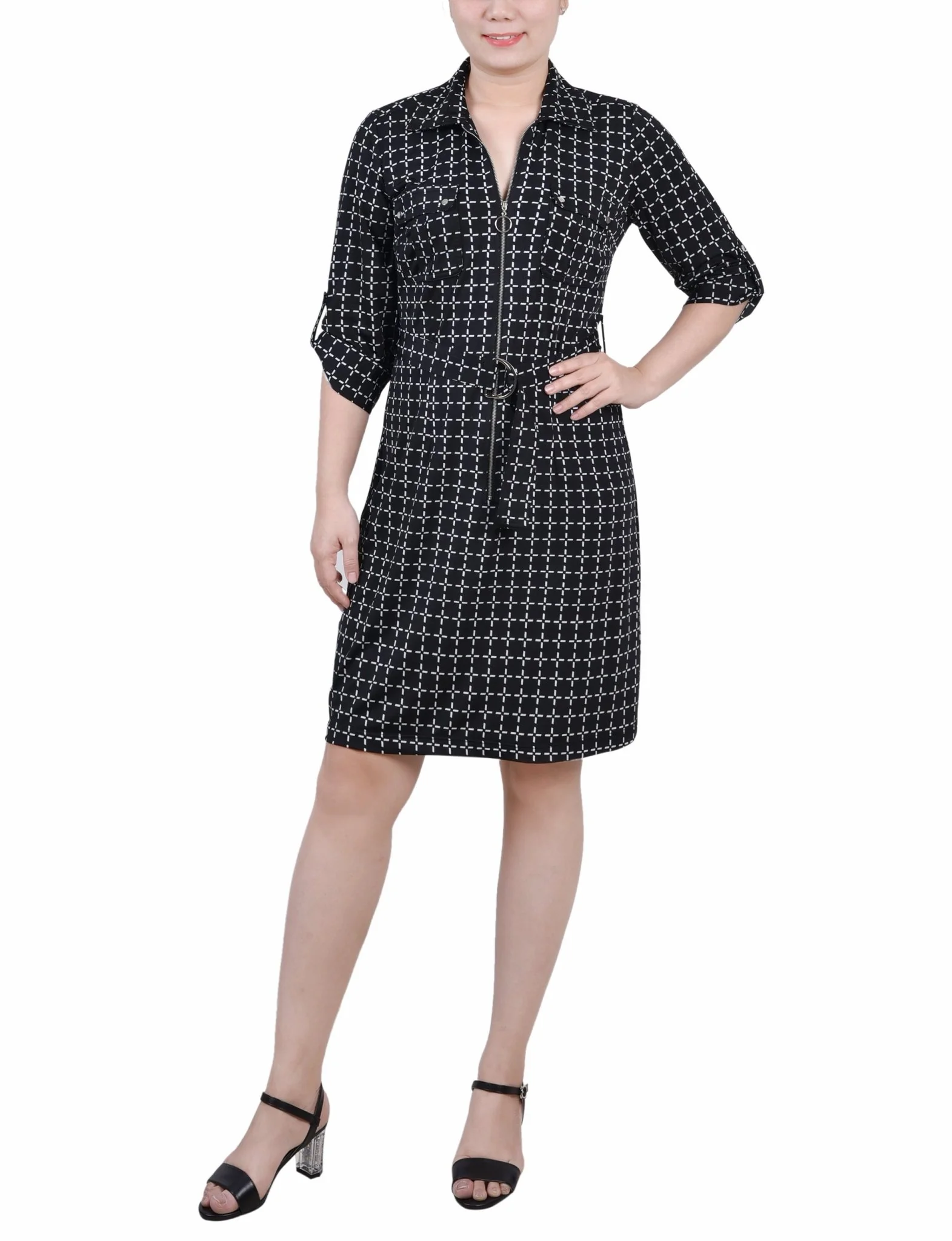 Black White Gridview Belted Roll Tab Zip Front Shirtdress - Petite