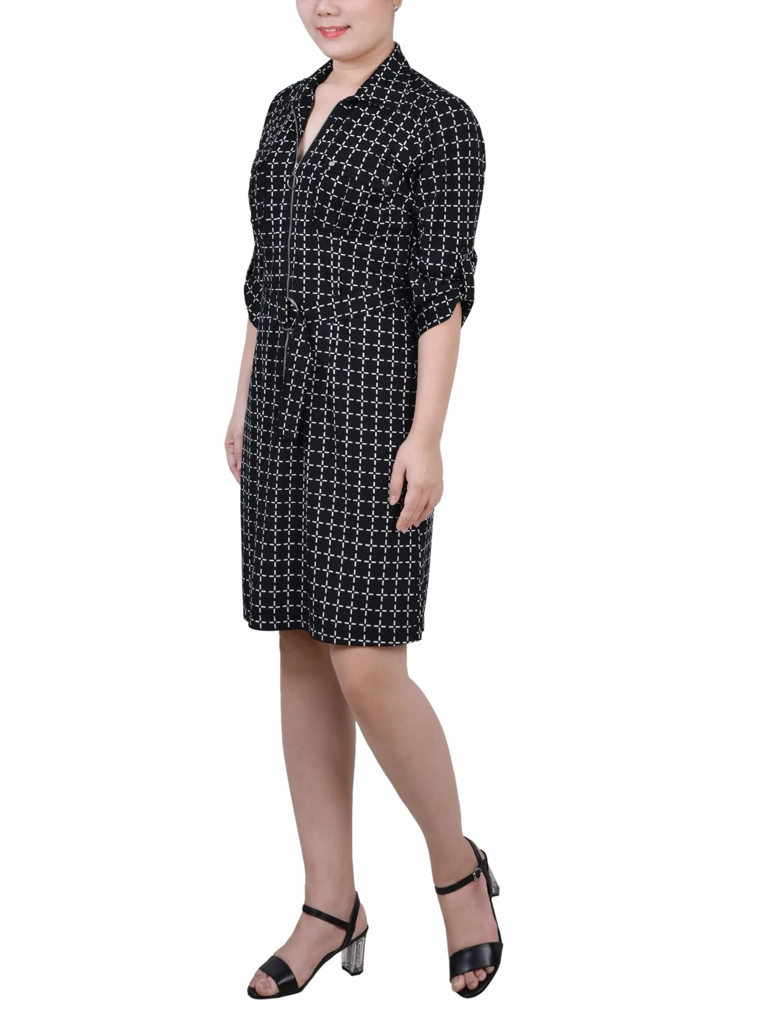 Black White Gridview Belted Roll Tab Zip Front Shirtdress - Petite - Image 2