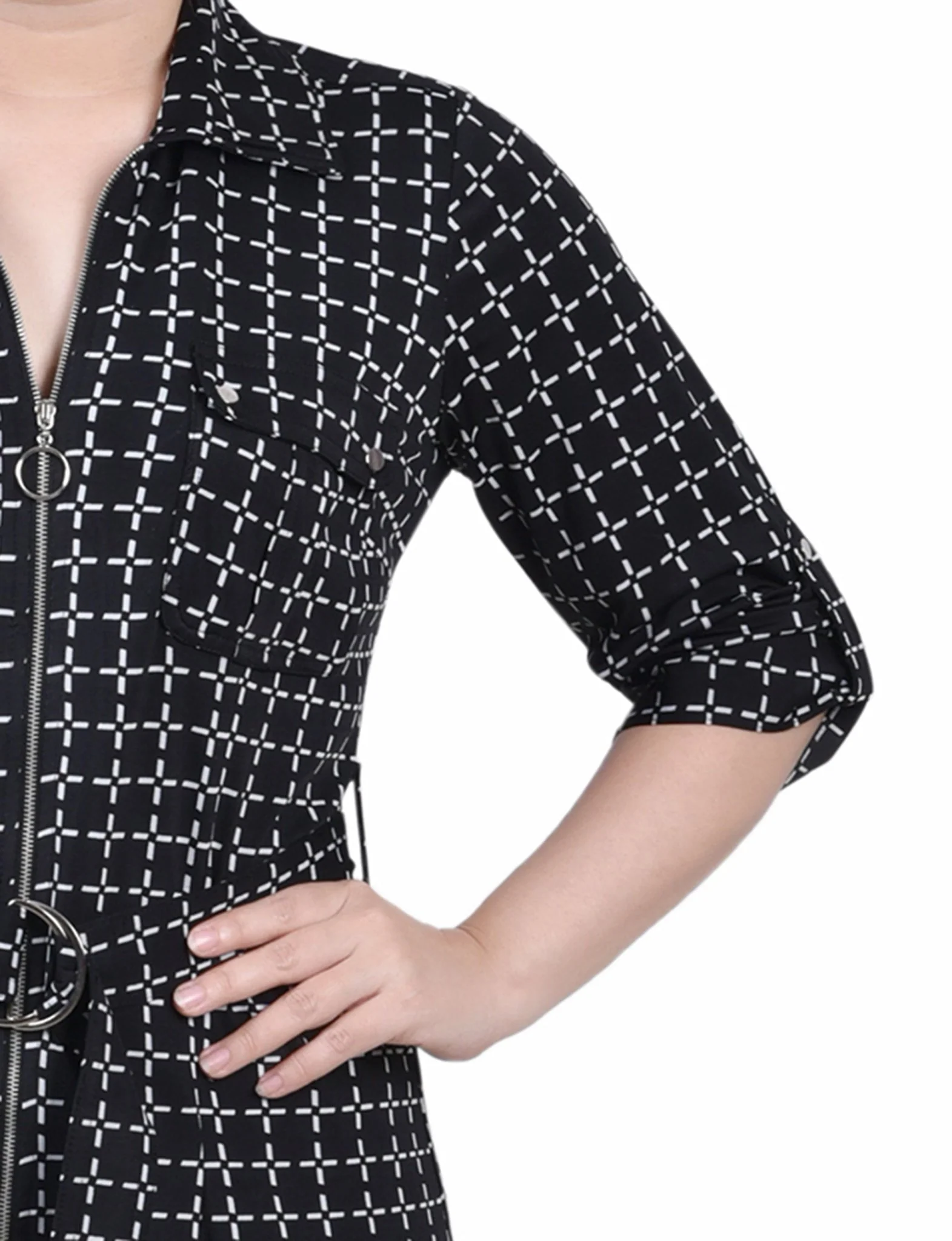 Black White Gridview Belted Roll Tab Zip Front Shirtdress - Petite - Image 4