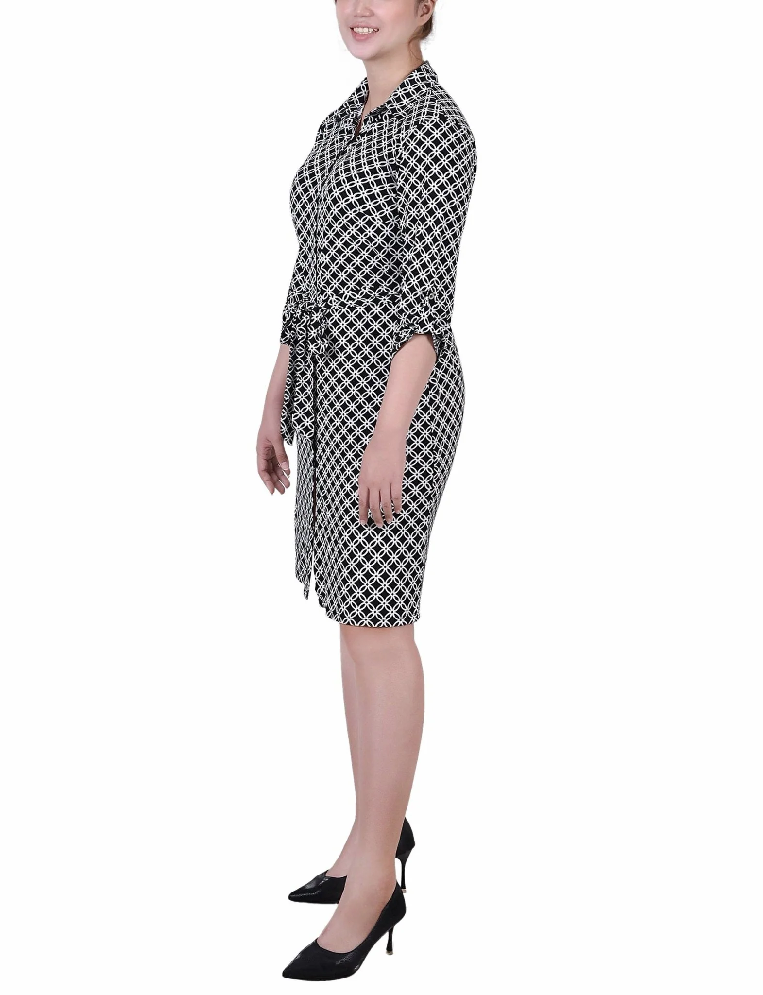 Black White Iconic 3/4 Roll Tab Sleeve Belted Shirtdress - Petite - Image 2