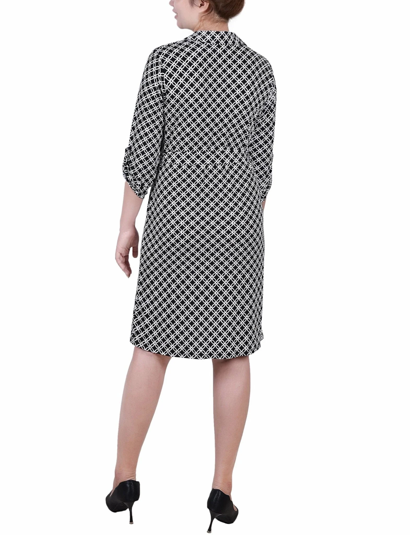 Black White Iconic 3/4 Roll Tab Sleeve Belted Shirtdress - Petite - Image 3