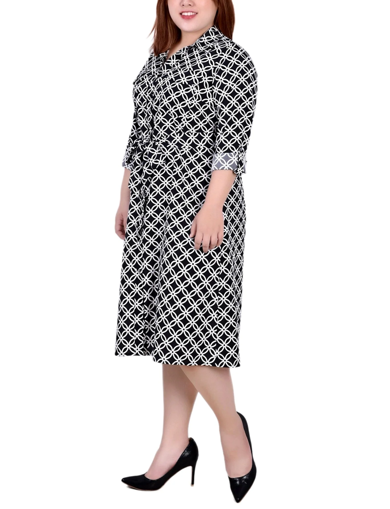 Black White Iconic 3/4 Roll Tab Sleeve Belted Shirtdress - Plus - Image 2
