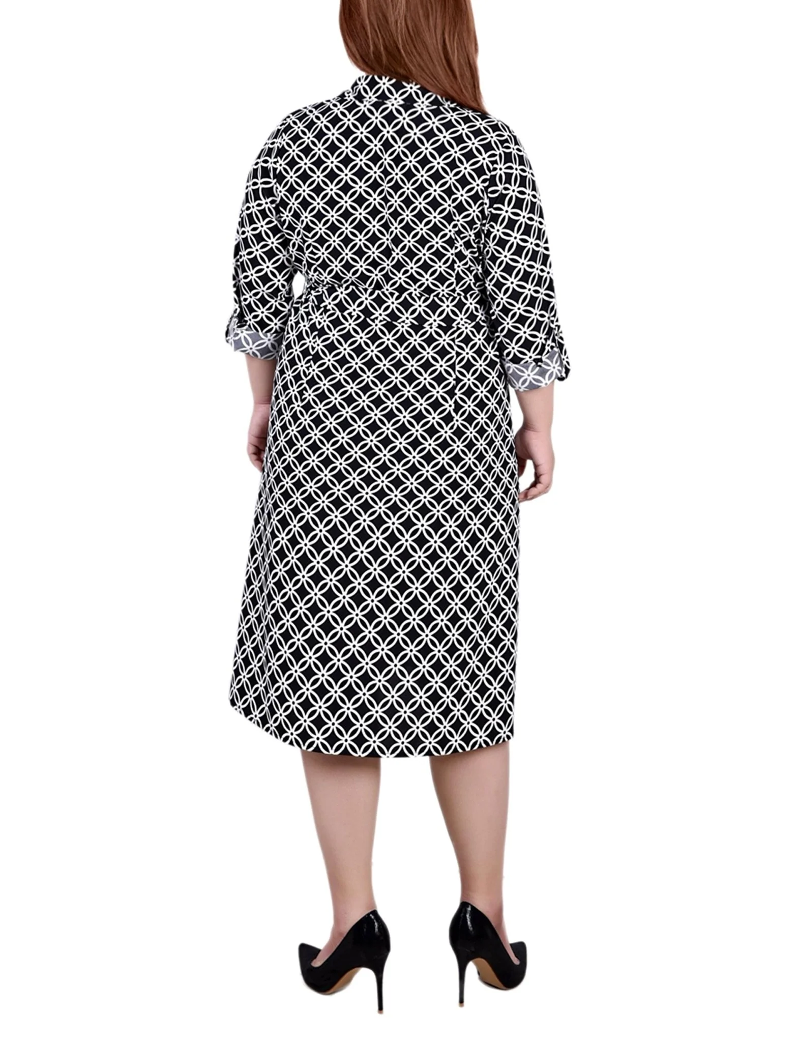 Black White Iconic 3/4 Roll Tab Sleeve Belted Shirtdress - Plus - Image 3