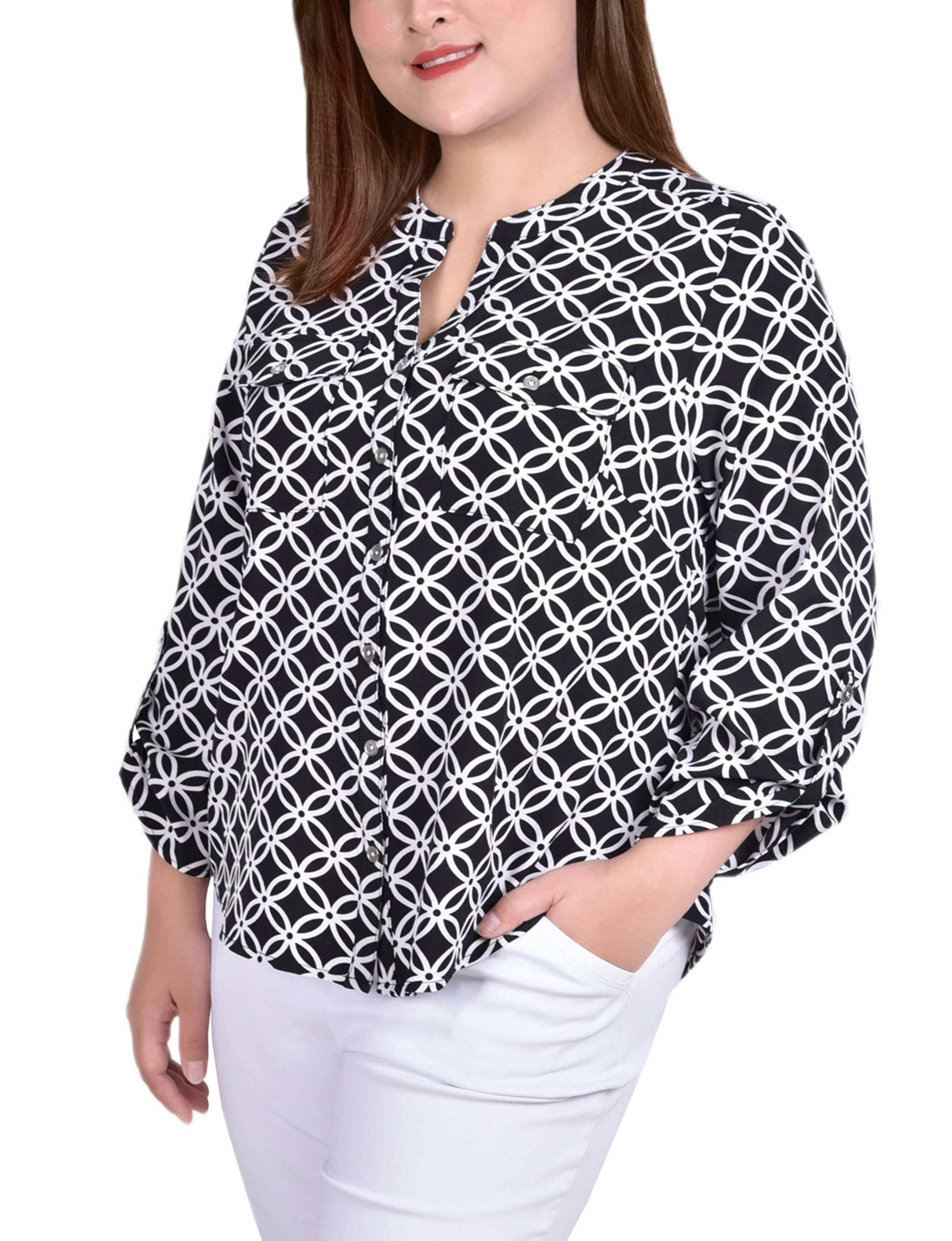 Black White Iconic 3/4 Roll Tab Sleeve Mandarin Collar Blouse - Plus Size - Image 2