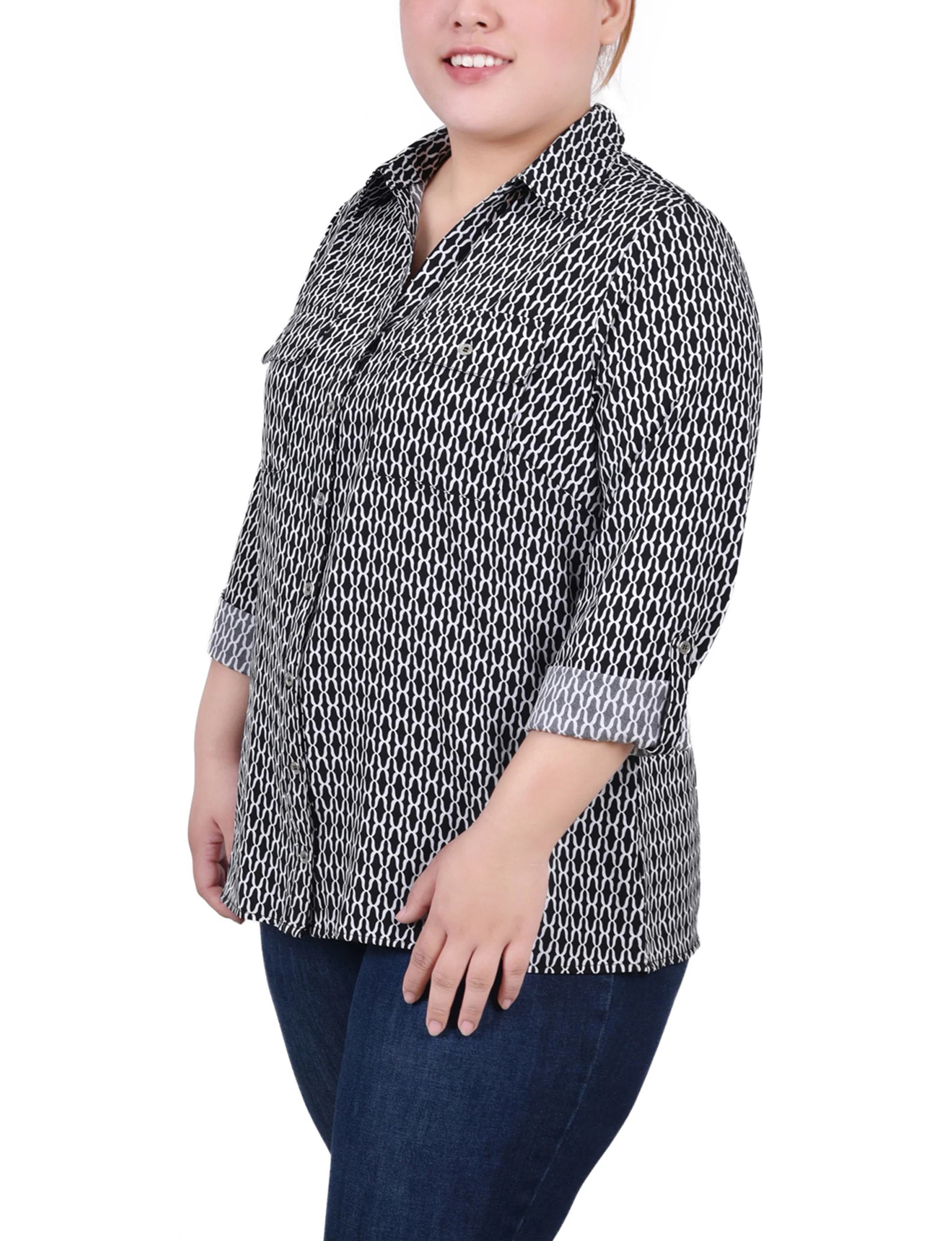 Black White Justin 3/4 Roll Tab Blouse With Pockets - Plus Size - Image 2