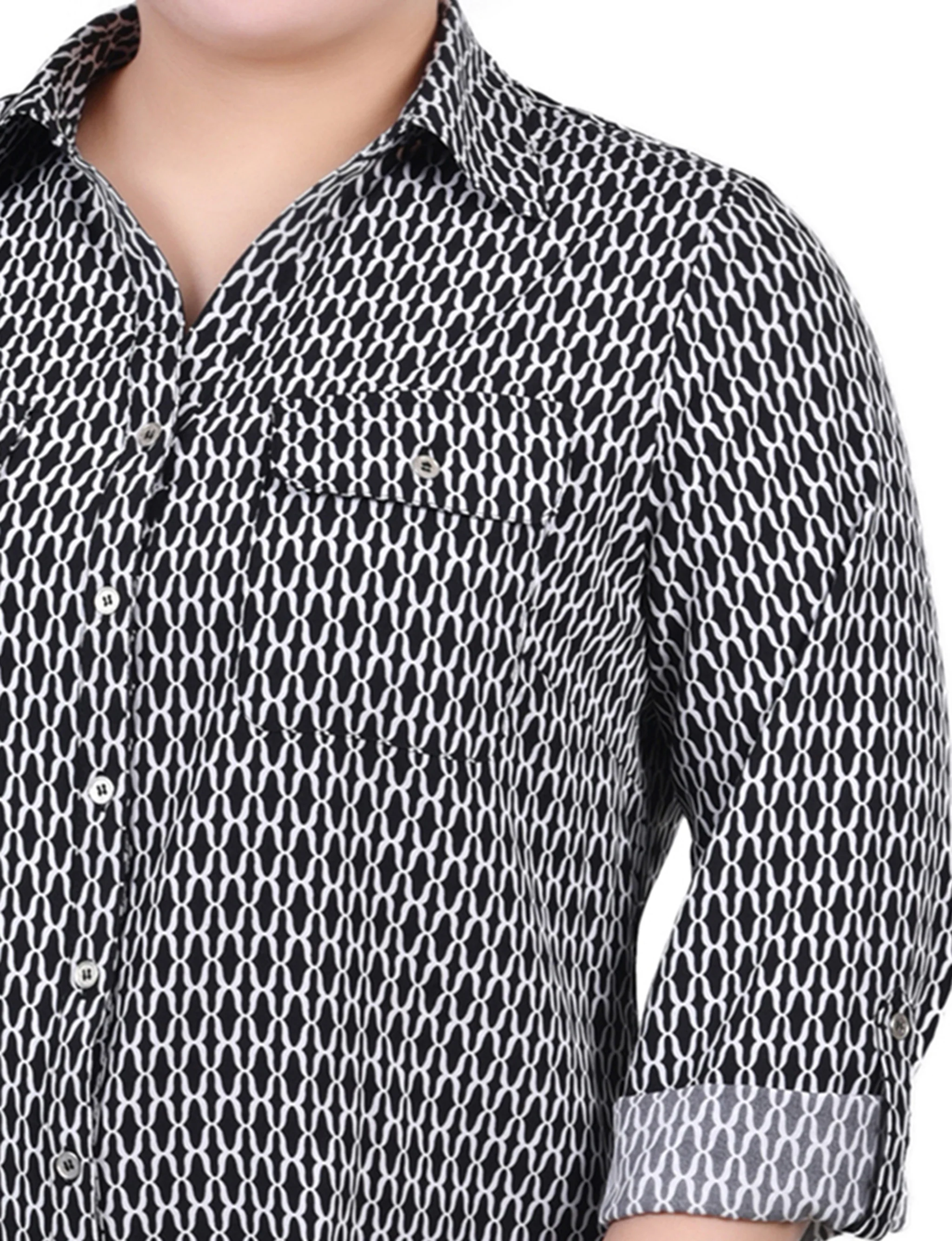 Black White Justin 3/4 Roll Tab Blouse With Pockets - Plus Size - Image 3