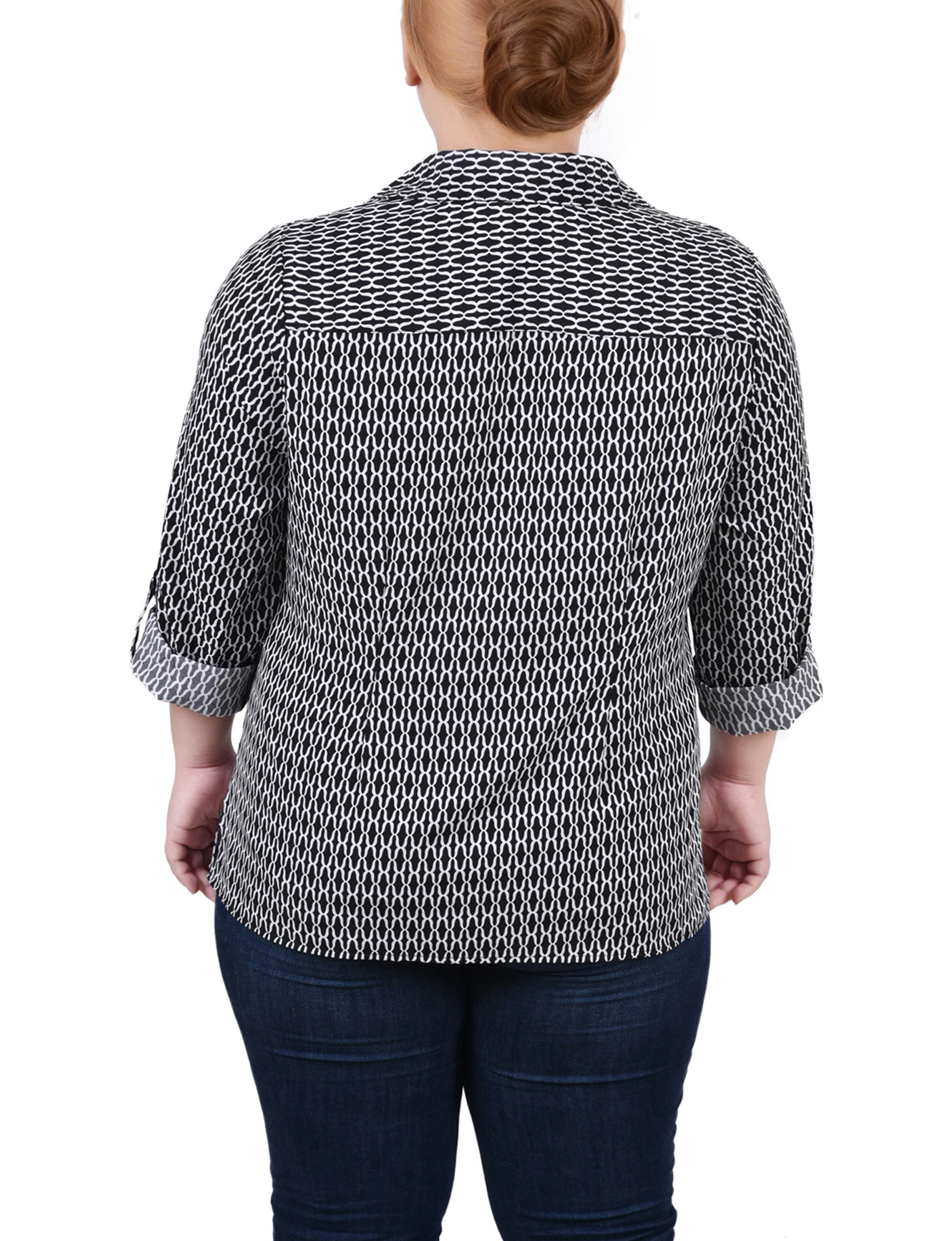 Black White Justin 3/4 Roll Tab Blouse With Pockets - Plus Size - Image 4