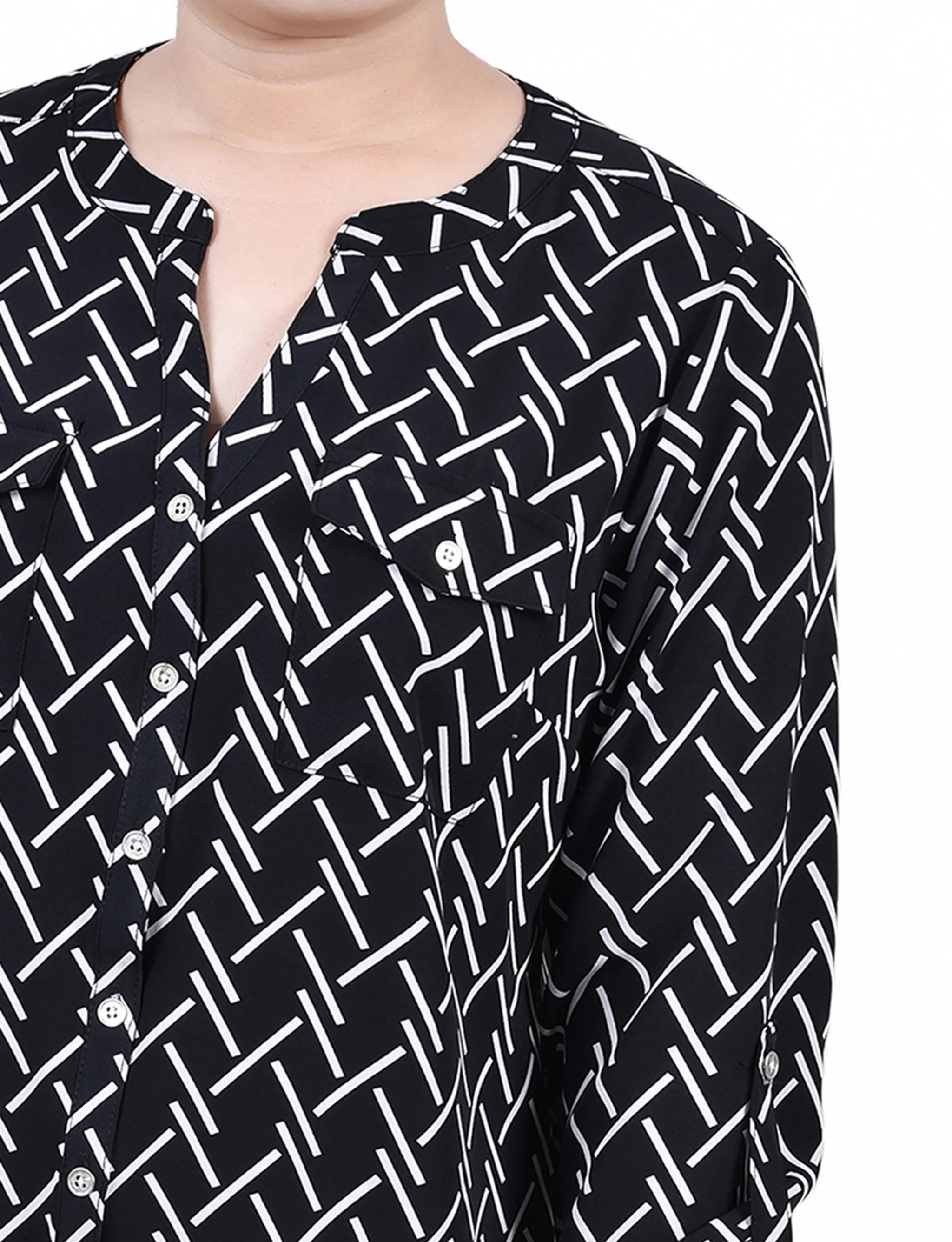 Black White Line Abstract Line 3/4 Roll Tab Sleeve Mandarin Collar Blouse - Petite - Image 3
