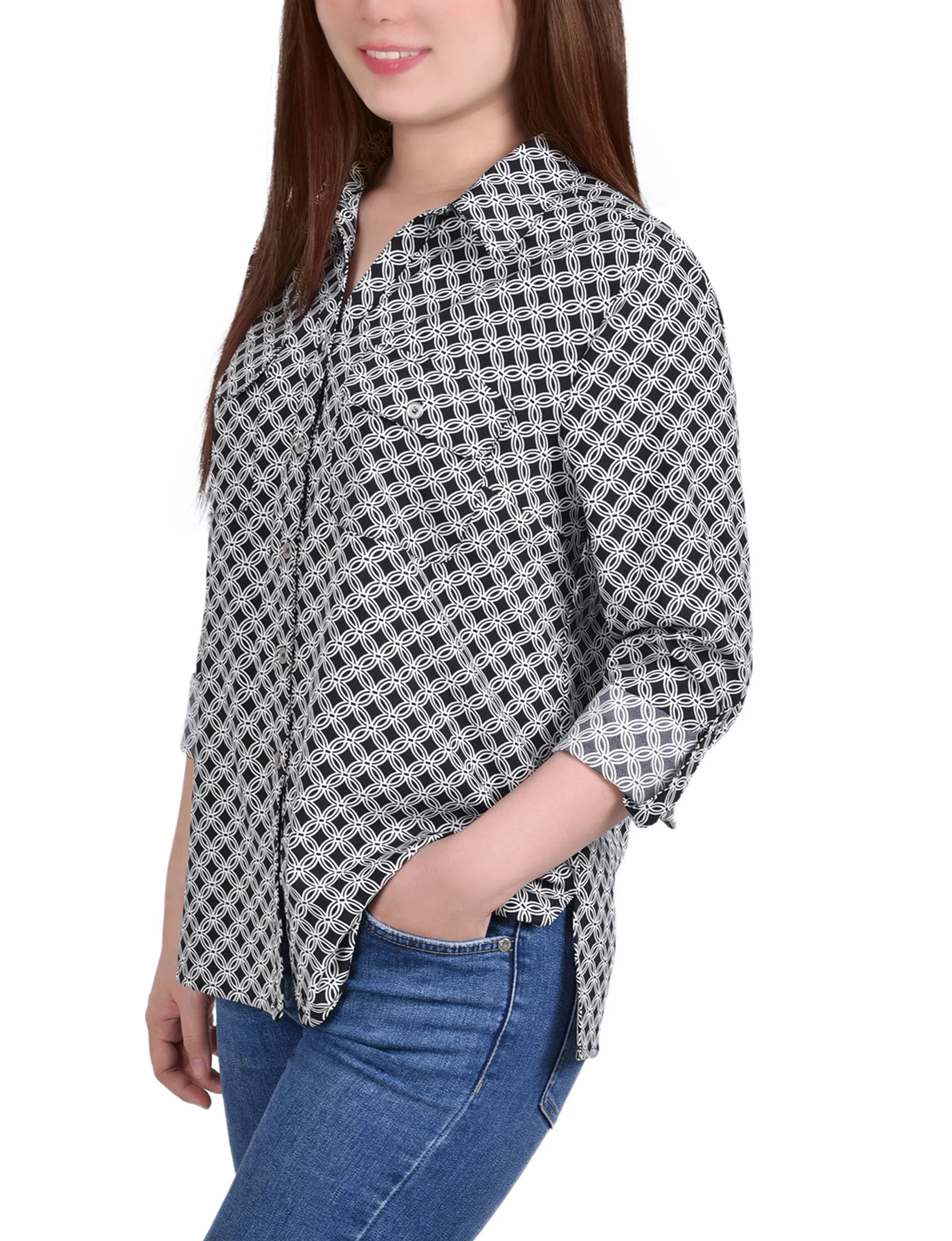 Black White New Iconic 3/4 Roll Tab Blouse With Pockets - Petite - Image 2