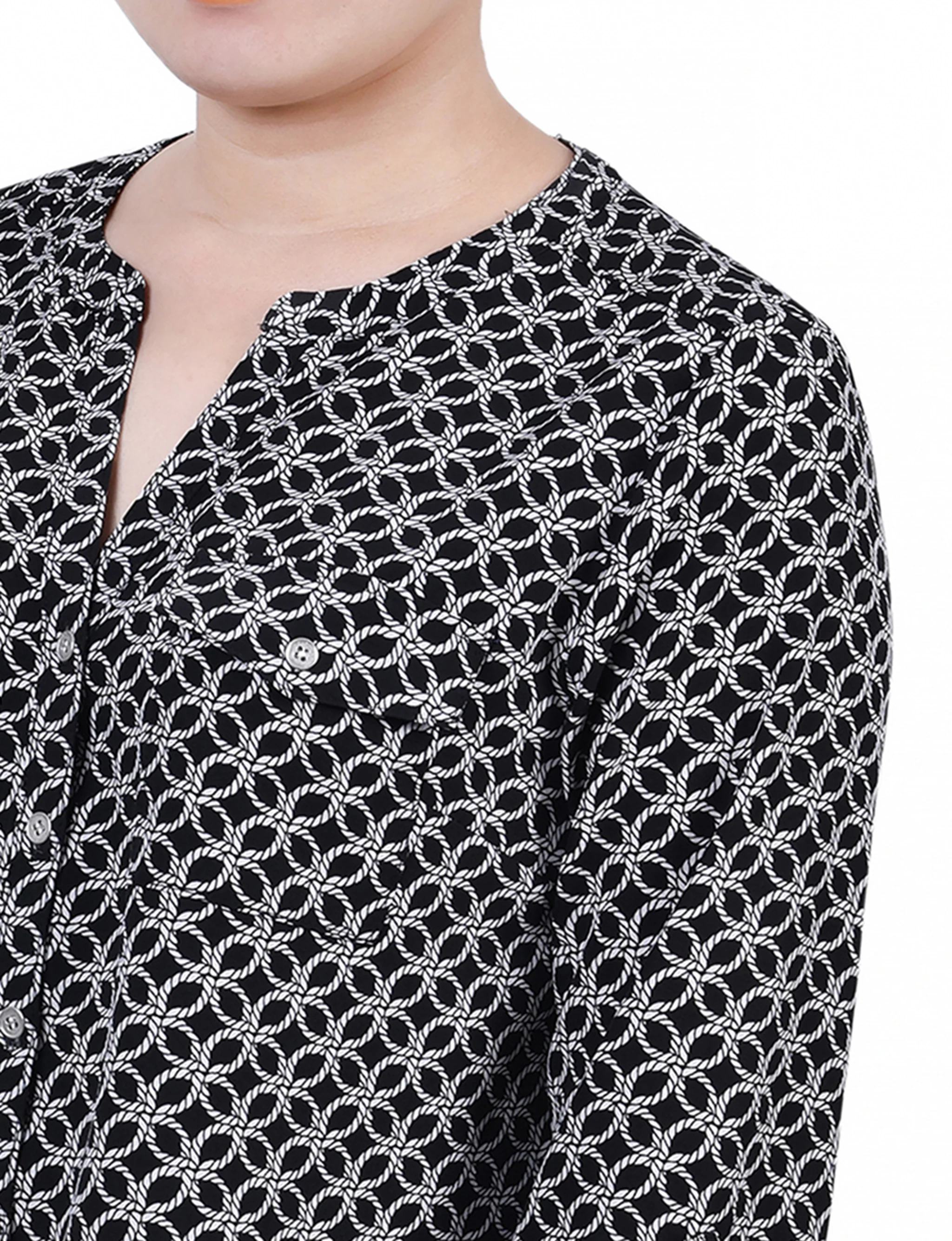 Black White Rope Iconic 3/4 Roll Tab Sleeve Mandarin Collar Blouse - Petite - Image 3