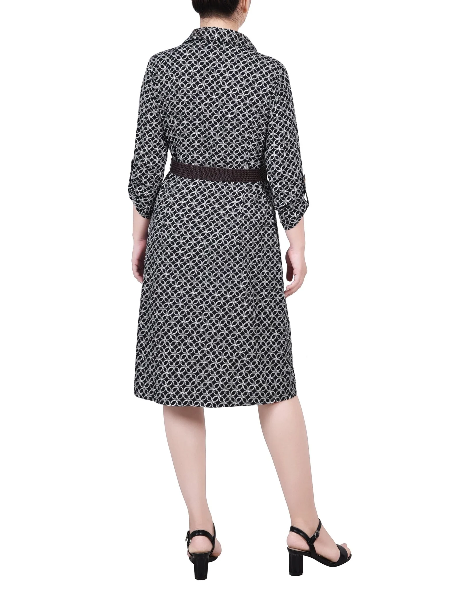 Black White Rope Iconic 3/4 Roll Tab Sleeve Shirtdress - Petite - Image 3