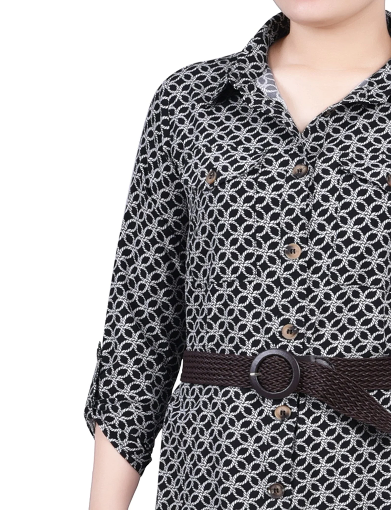 Black White Rope Iconic 3/4 Roll Tab Sleeve Shirtdress - Petite - Image 4