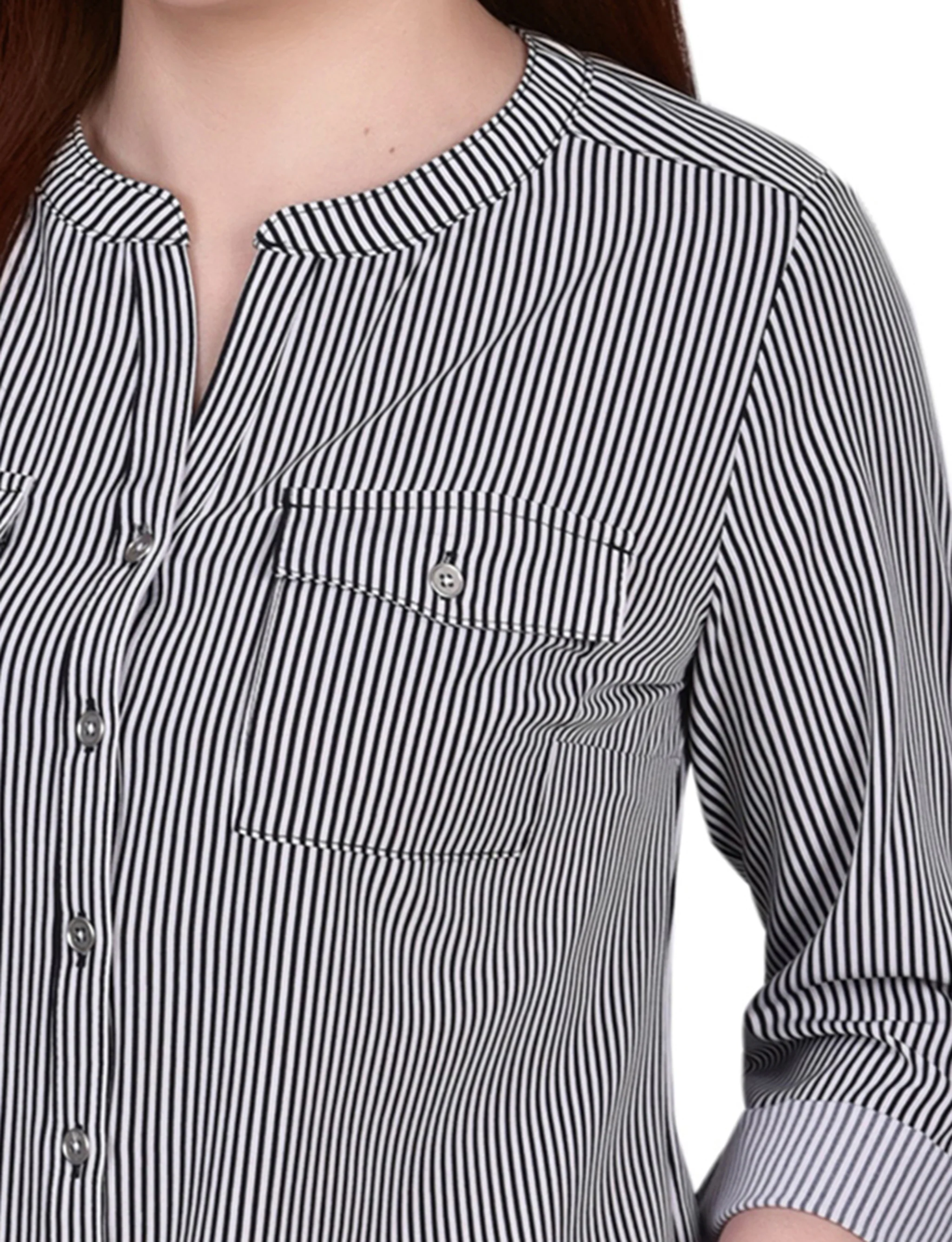 Black White Torterella 3/4 Roll Tab Sleeve Mandarin Collar Blouse - Petite - Image 3