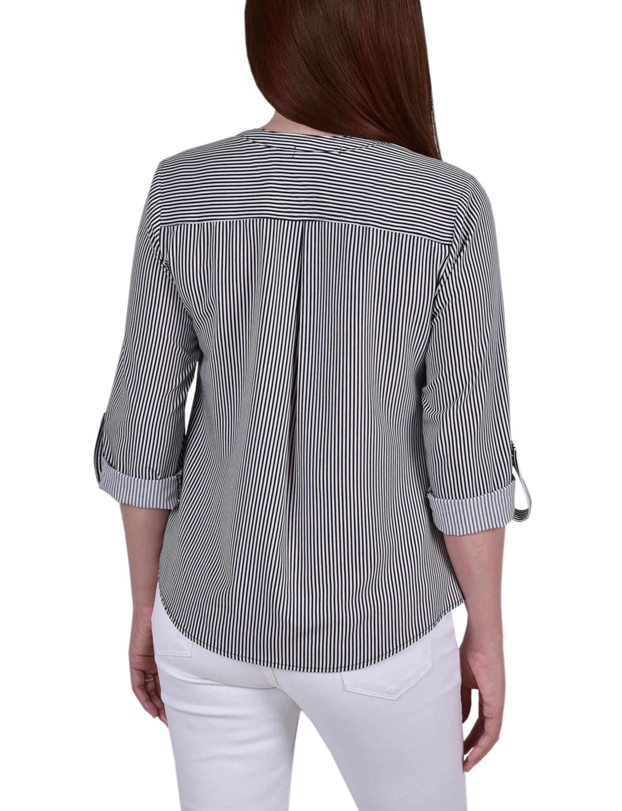 Black White Torterella 3/4 Roll Tab Sleeve Mandarin Collar Blouse - Petite - Image 4
