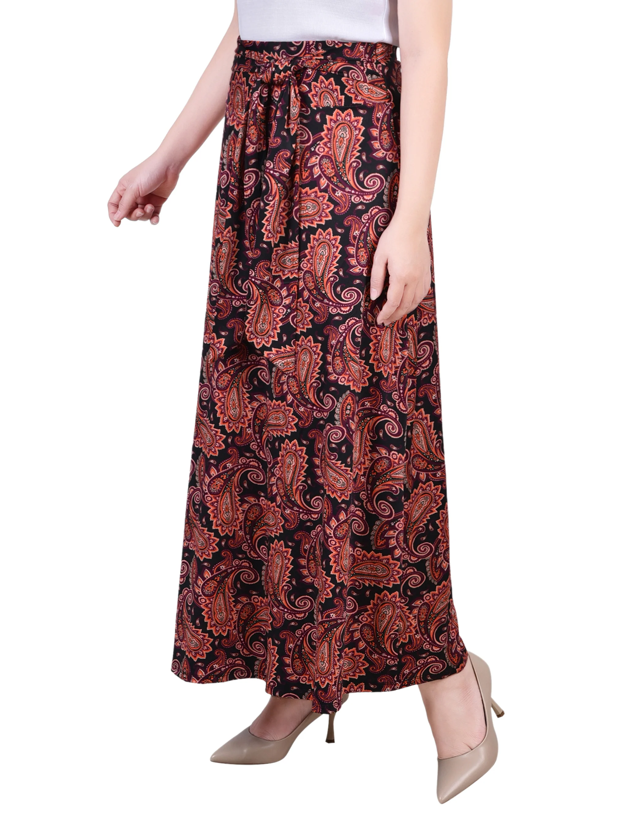 Black Wine Paisley Maxi Skirt With Sash Waist Tie - Image 3