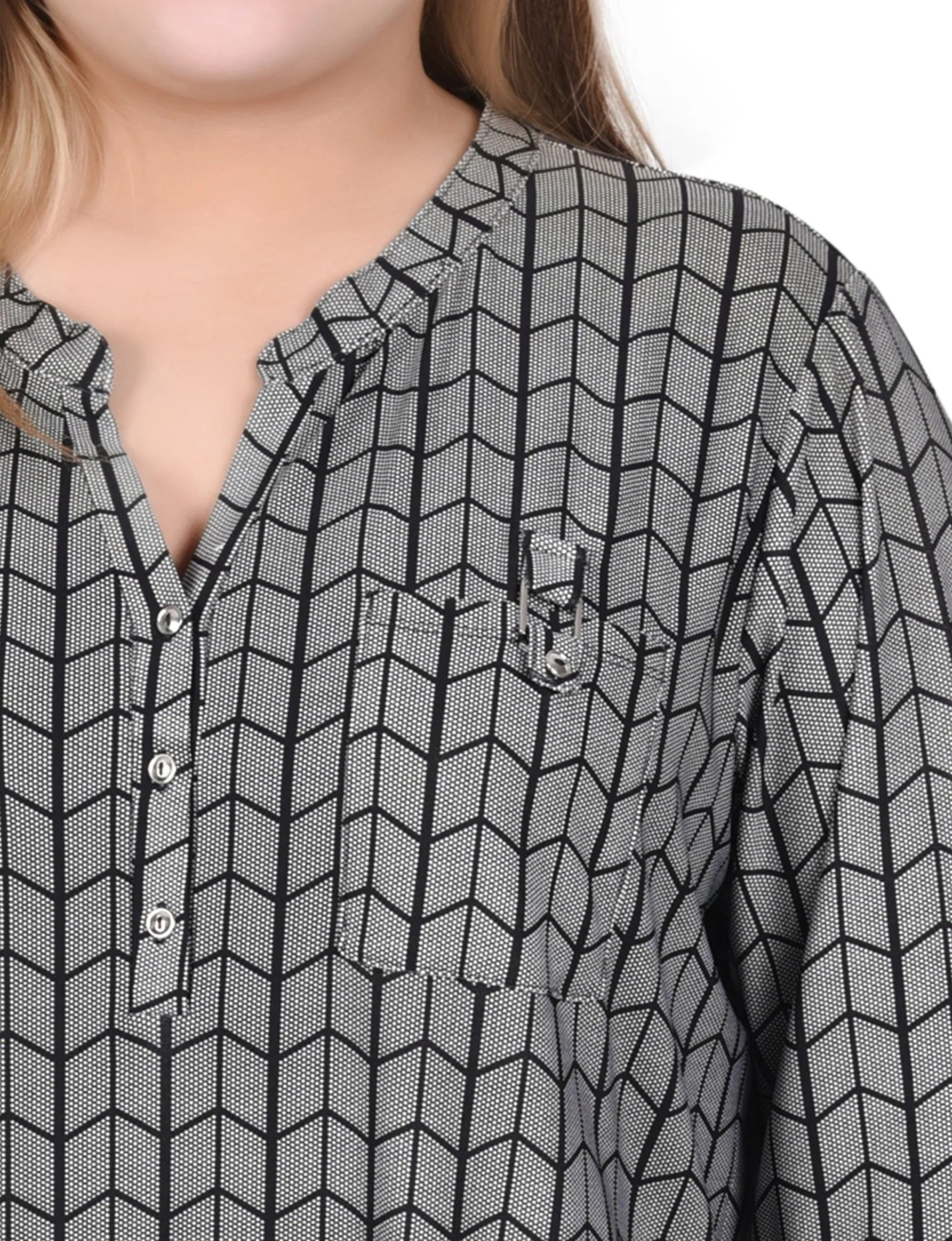 Blk Wht Diagonal Stripe Dot Long Tab-Sleeve Top With Pockets - Plus - Image 3
