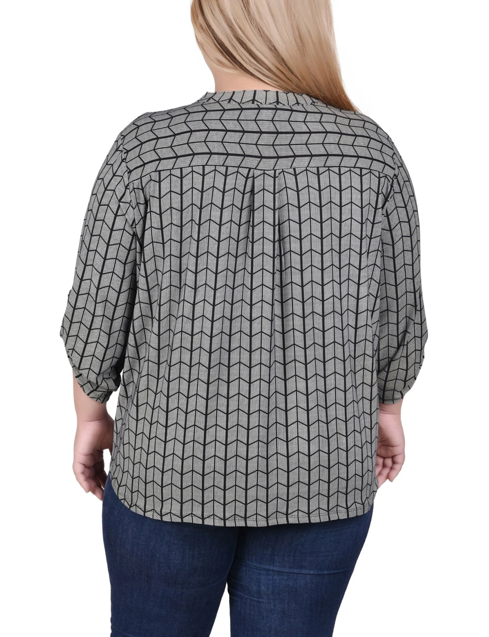 Blk Wht Diagonal Stripe Dot Long Tab-Sleeve Top With Pockets - Plus - Image 4