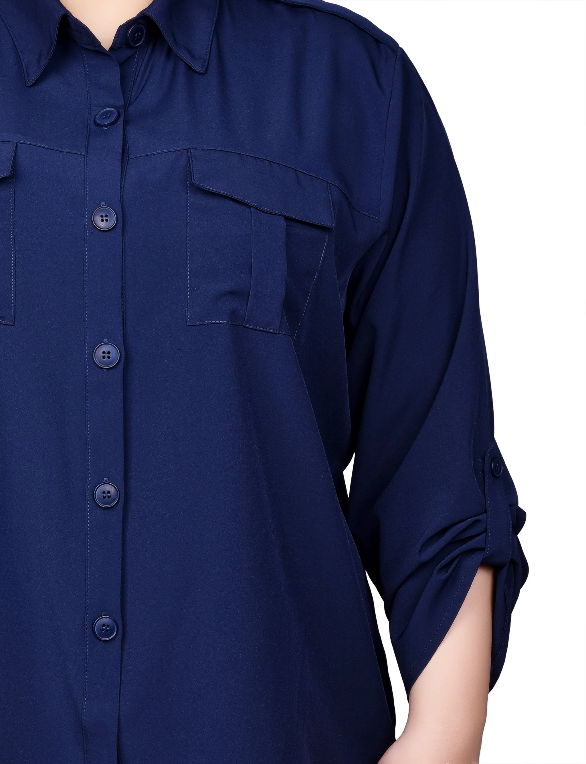 Blue 3/4 Sleeve Roll Tab Blouse - Plus Size - Image 3