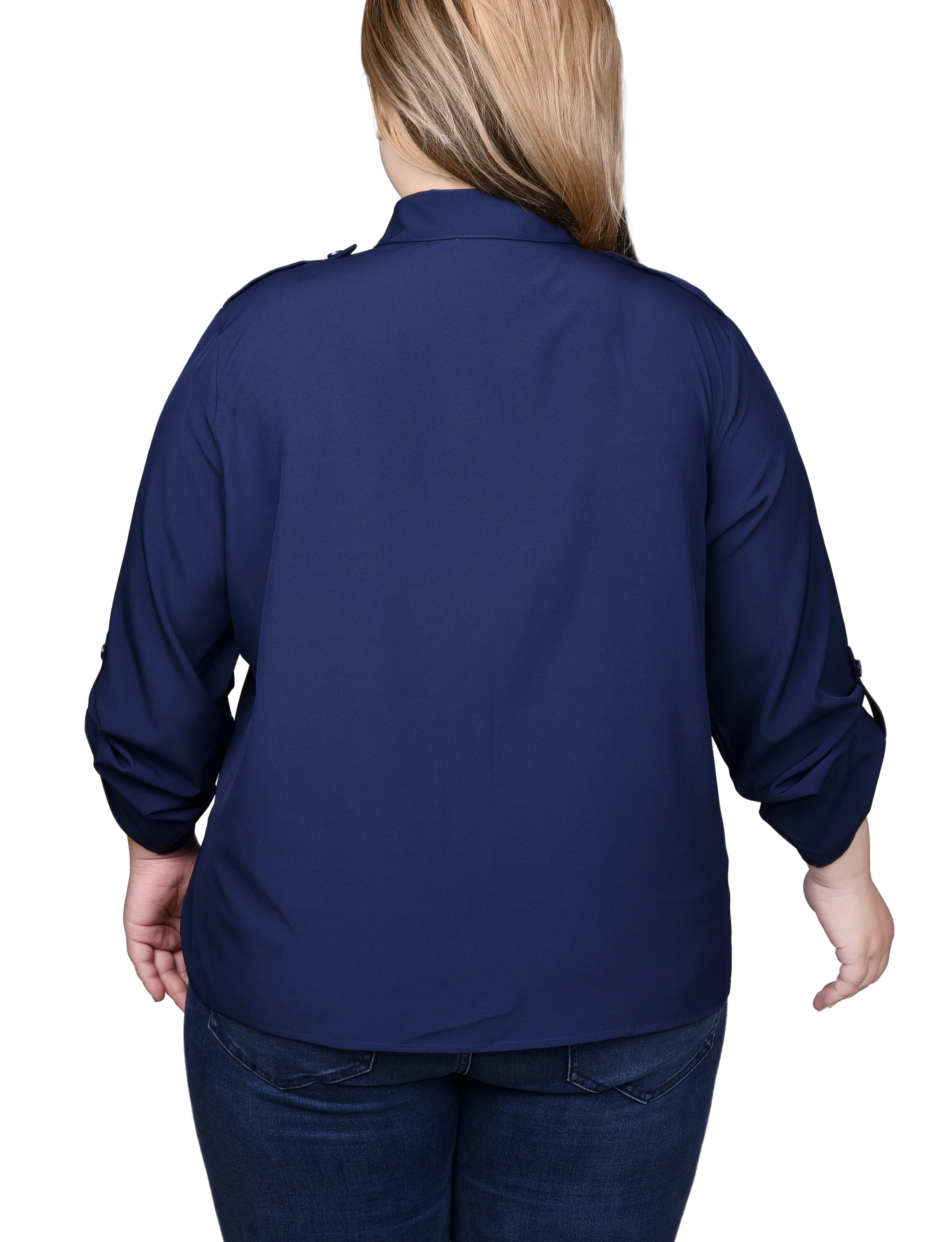 Blue 3/4 Sleeve Roll Tab Blouse - Plus Size - Image 4
