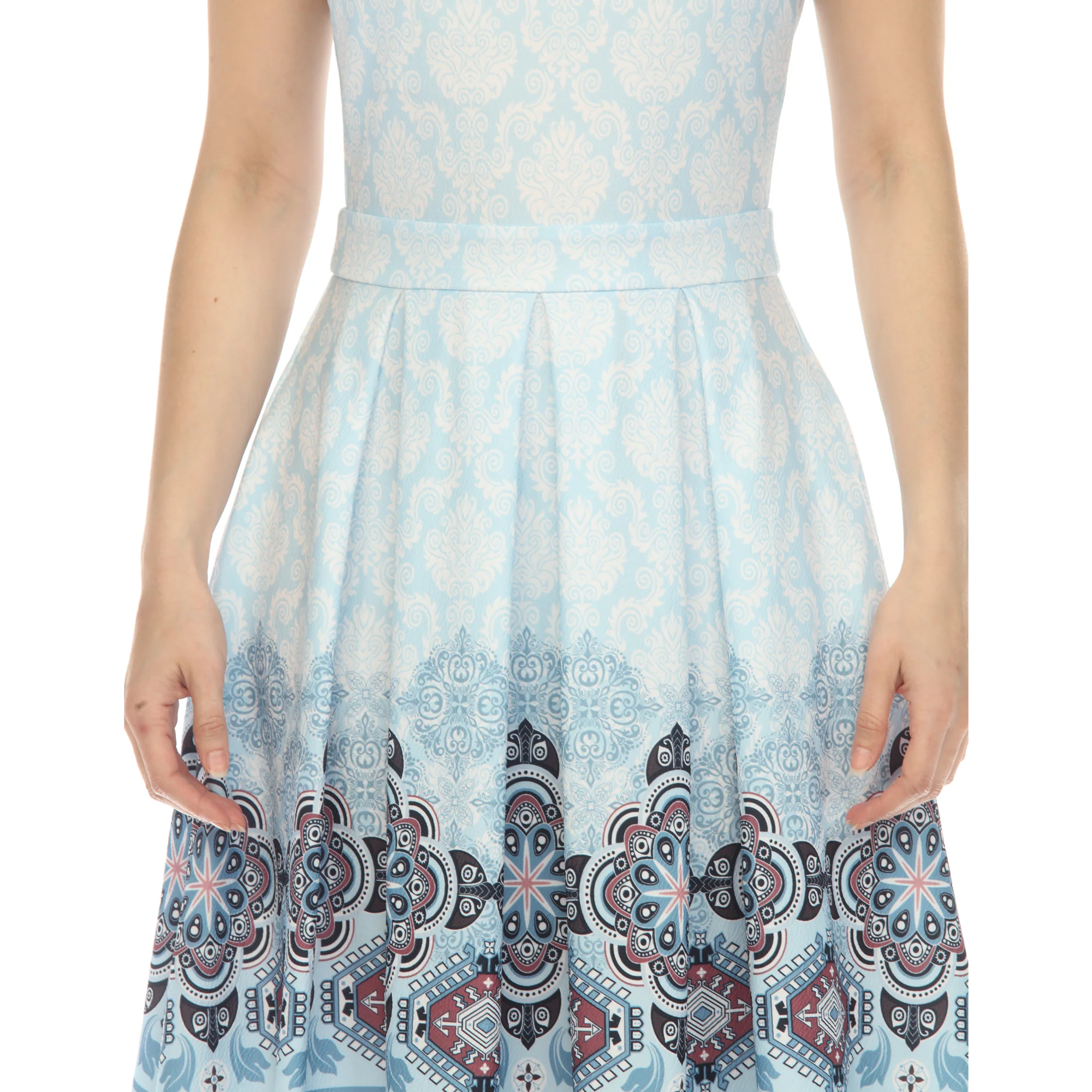 Blue Border Print Fit and Flare Knee Length Dress - Image 4