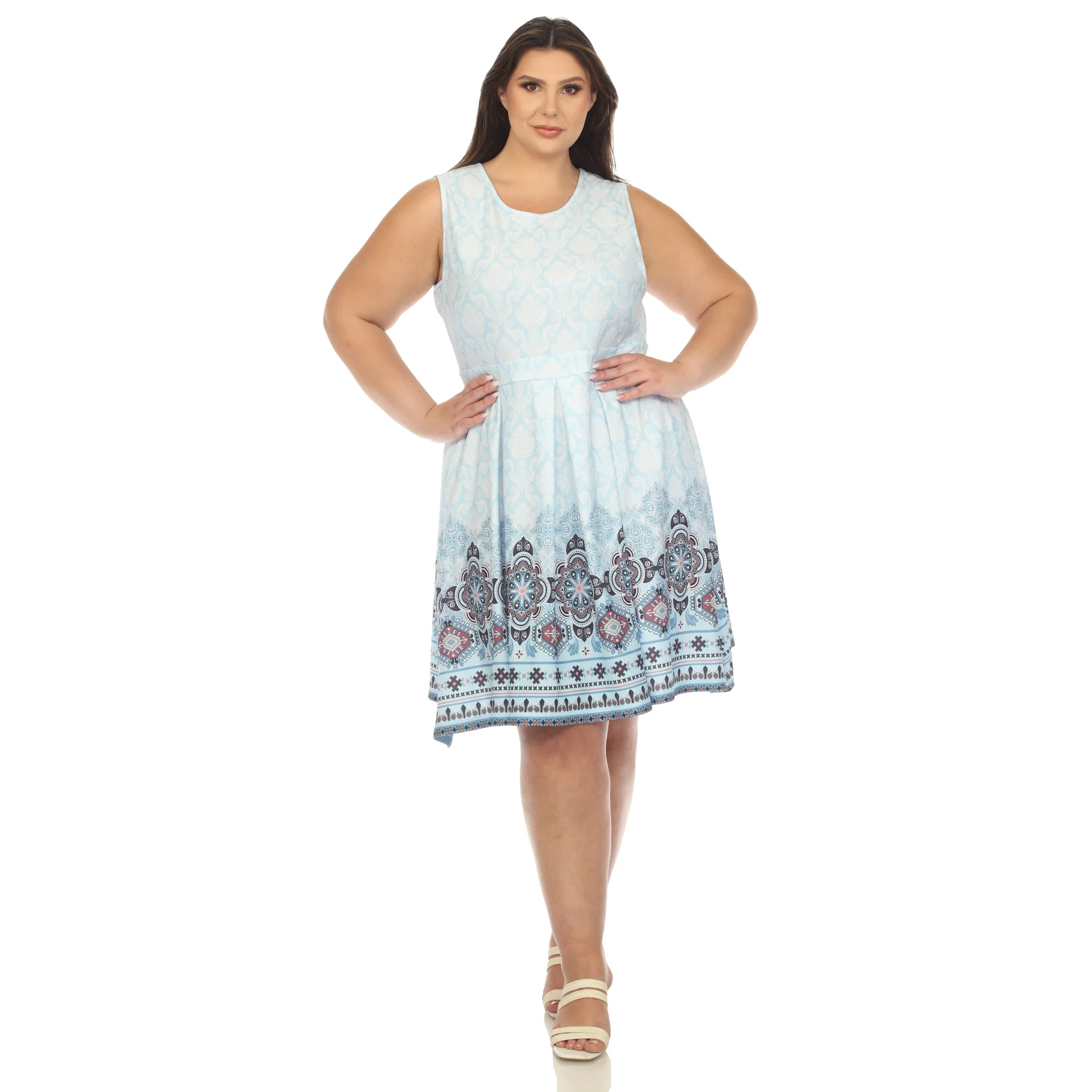 Blue Border Print Fit and Flare Knee Length Dress - Plus - Image 5