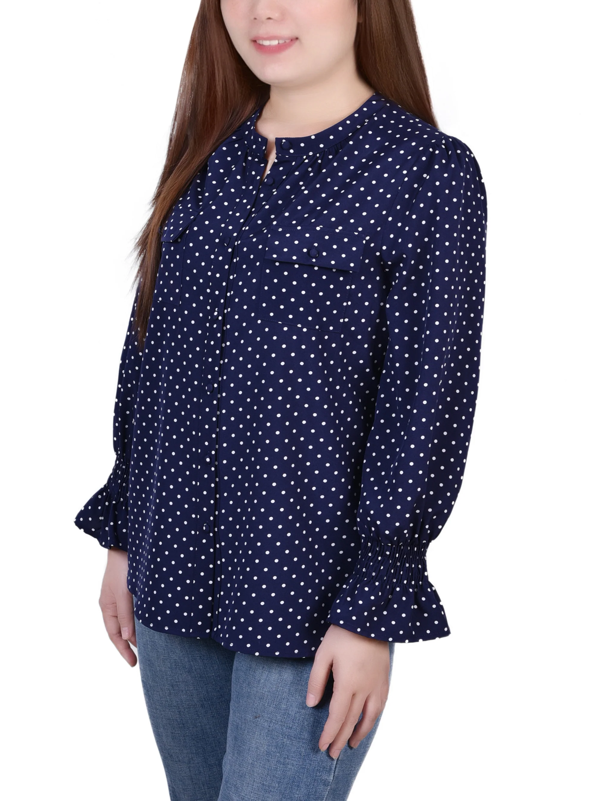 Blue Long Sleeve Button Front Blouse - Petite - Image 2