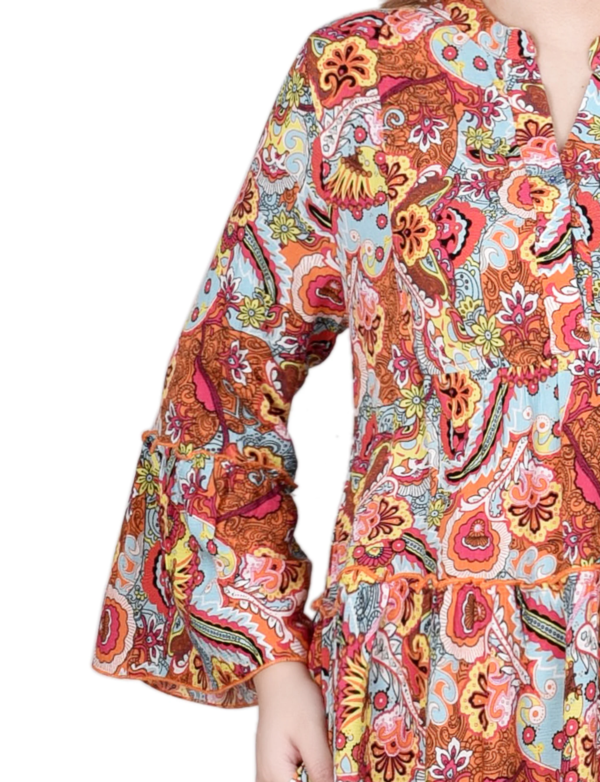 Blue Orange Floral Paisley 3/4 Sleeve Tiered Dress - Image 3