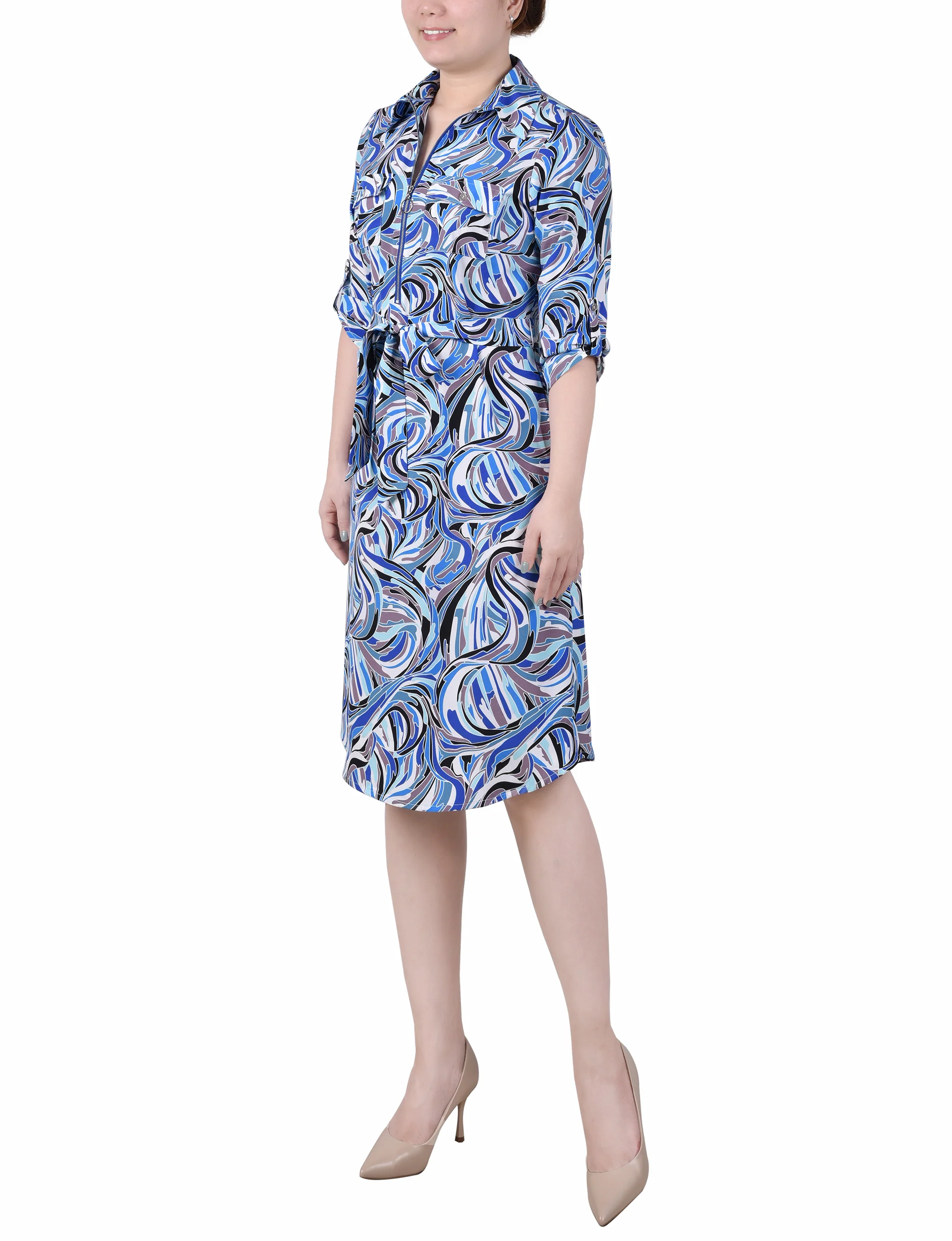 Blue White Black Pucci 3/4 Roll Tab Sleeve Zippered Shirtdress - Image 2