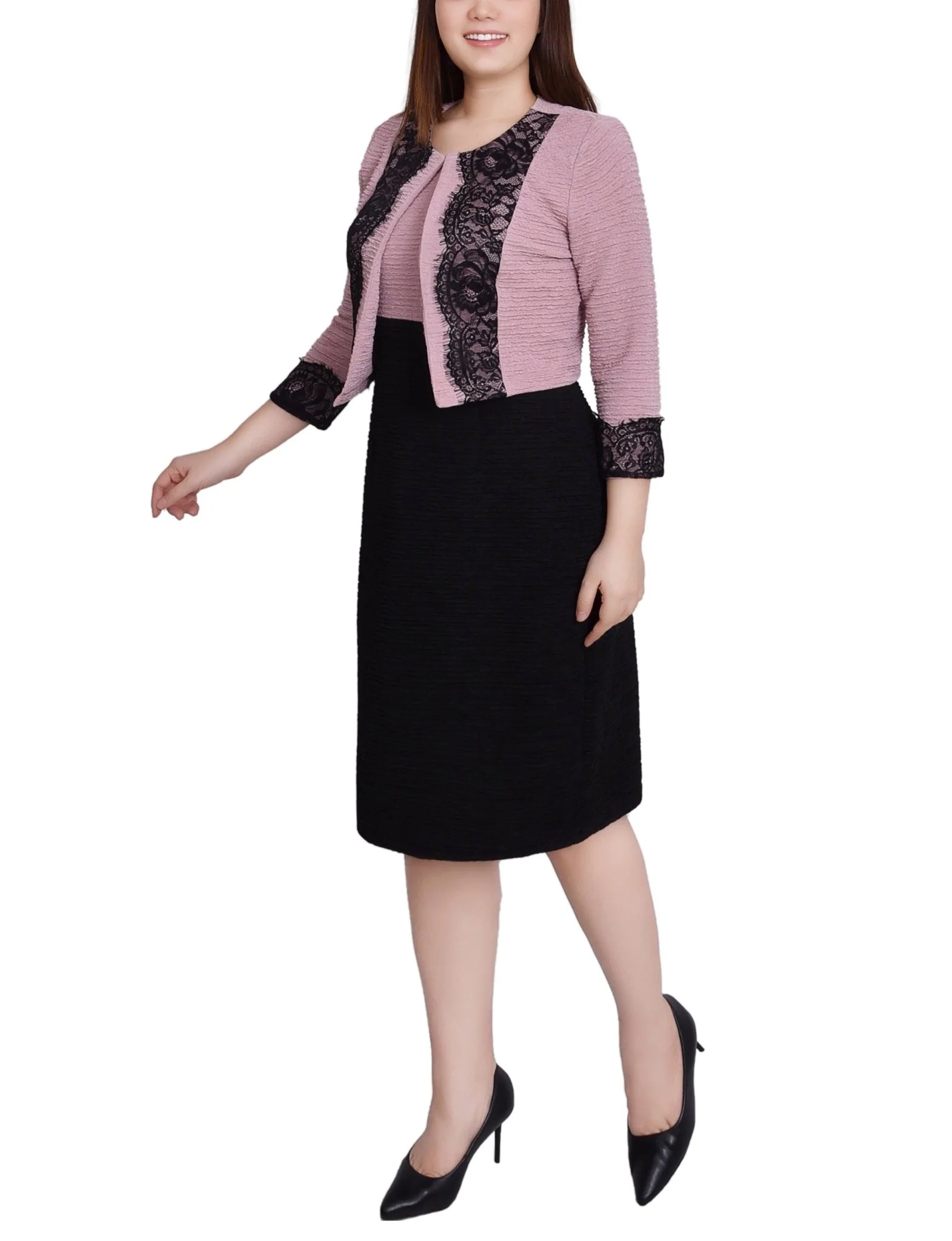 Blush Black Lace-Detail 2 Piece Textured Knit Dress Set - Petite - Image 2