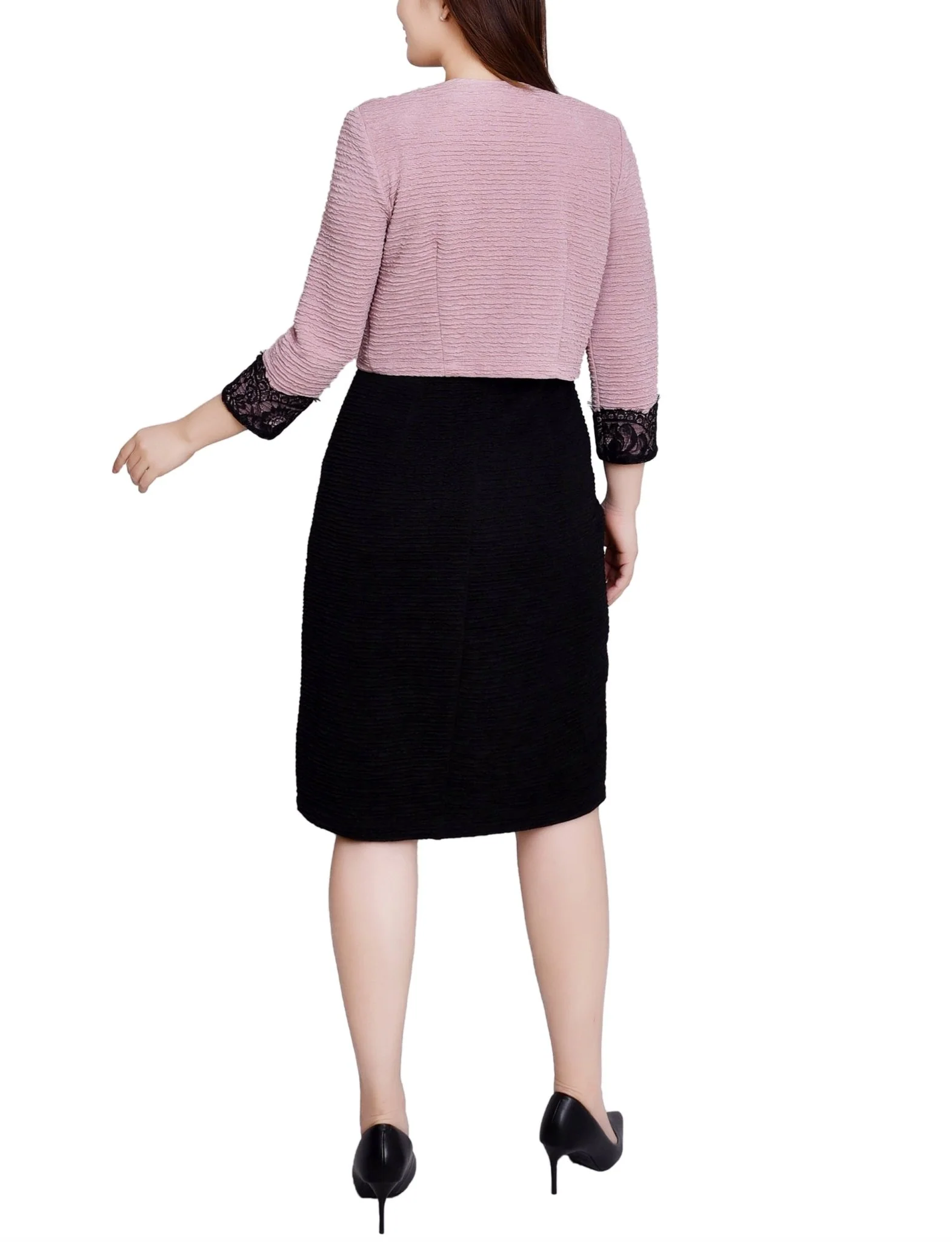 Blush Black Lace-Detail 2 Piece Textured Knit Dress Set - Petite - Image 3