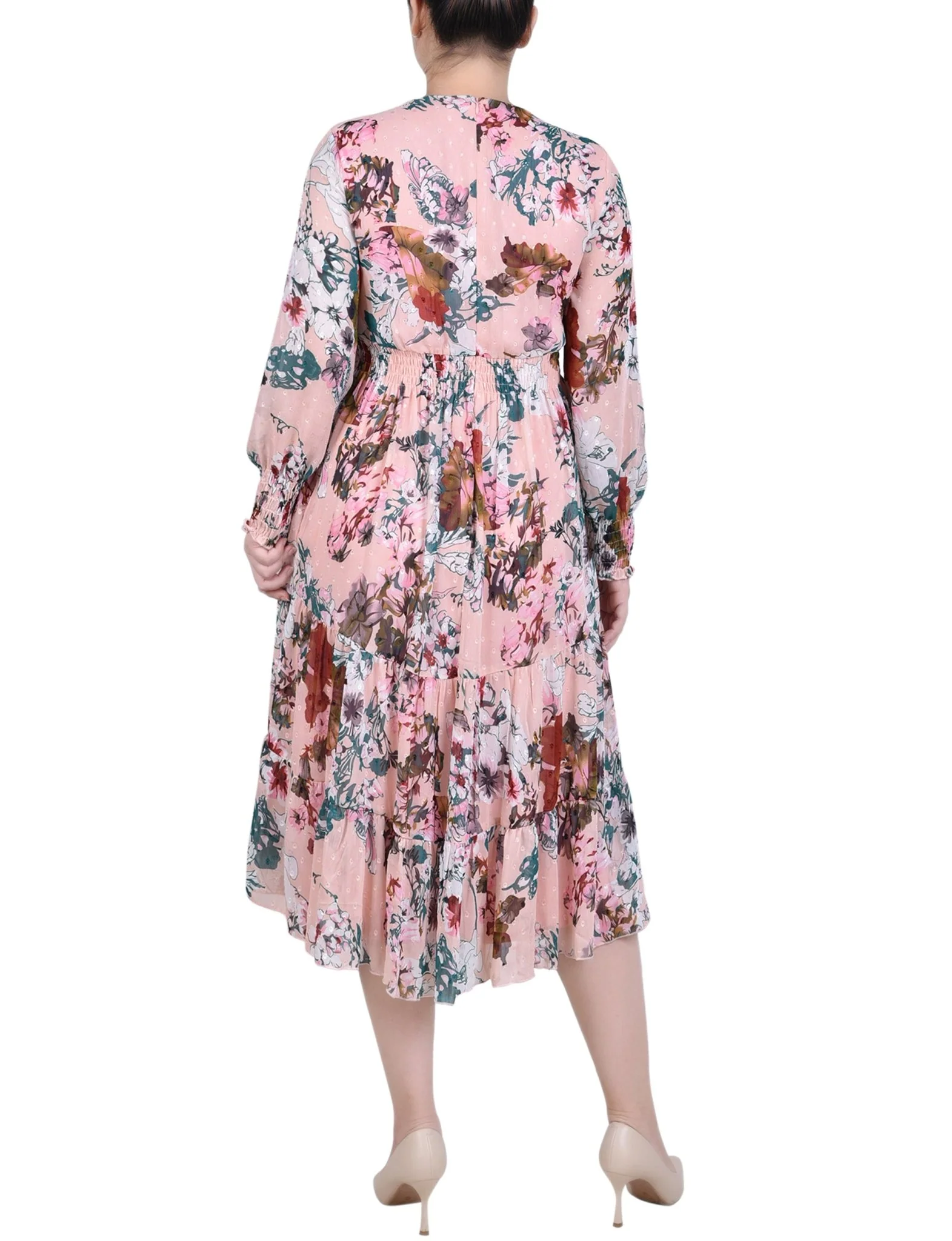 Blush Water Color Floral Long Sleeve Clip Dot Chiffon Dress With Smocked Waist and Cuffs - Image 3