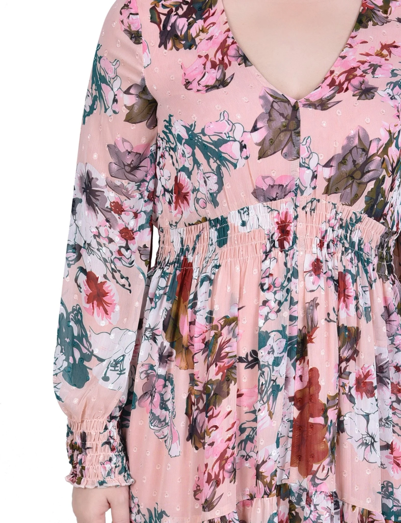 Blush Water Color Floral Long Sleeve Clip Dot Chiffon Dress With Smocked Waist and Cuffs - Image 4