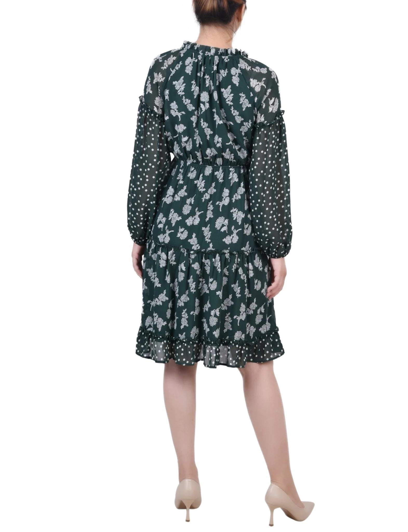Botanical Garden Floral Dot Long Sleeve Combo Chiffon Dress - Petite - Image 3